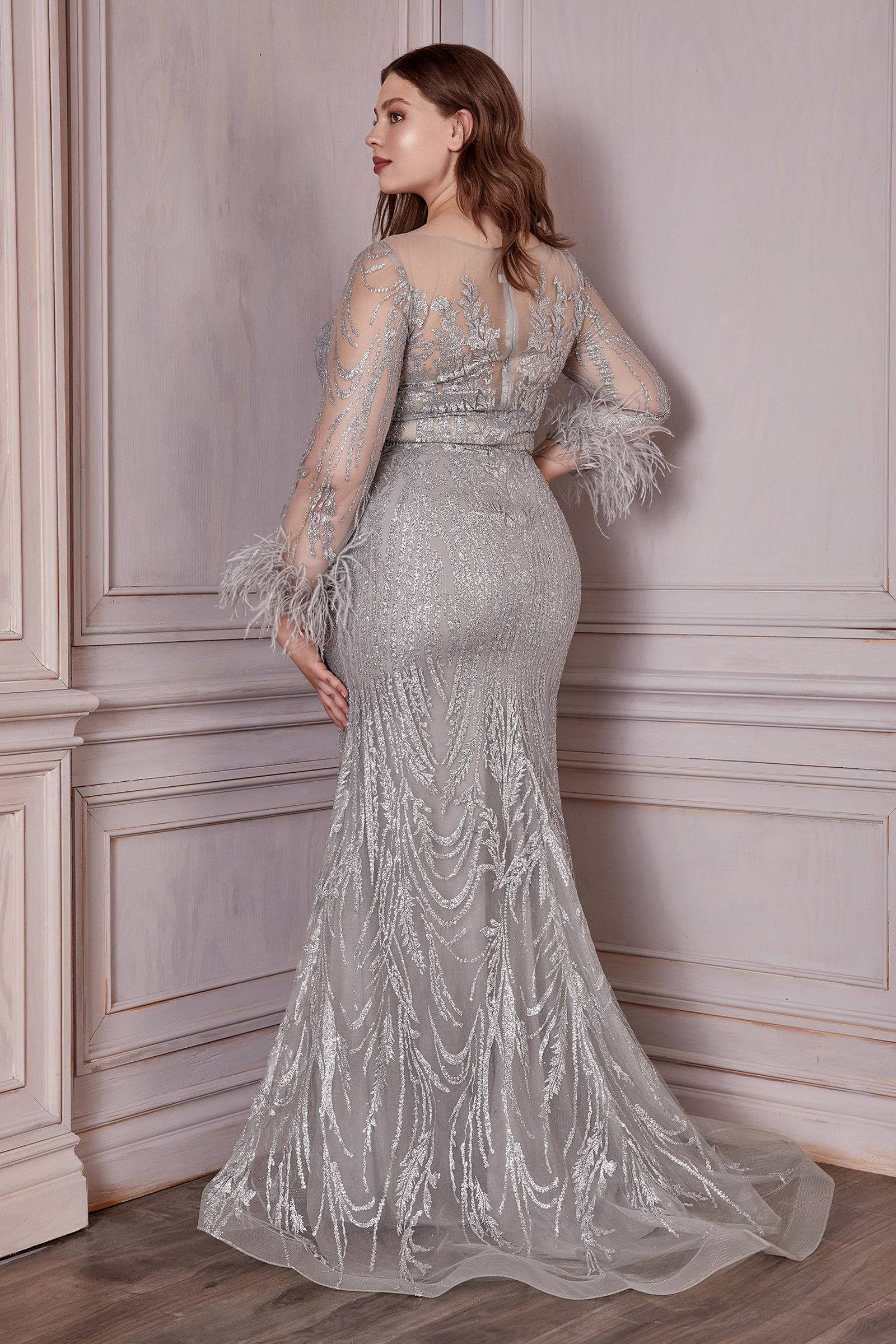 Elegant Plus Size Sheer Crystal Infused Gown with Feather Sleeve