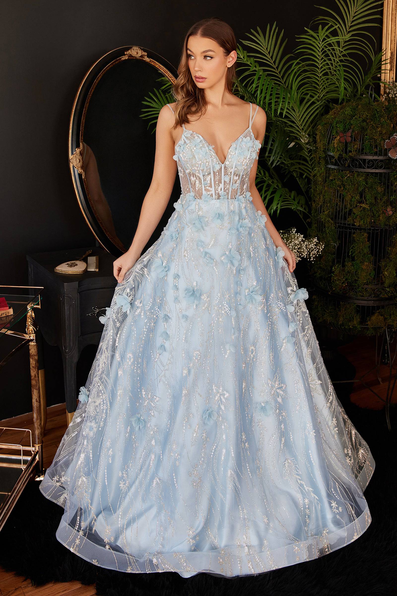 Cinderella Divine CB105 Floral Ice Blue Corset Ball Gown