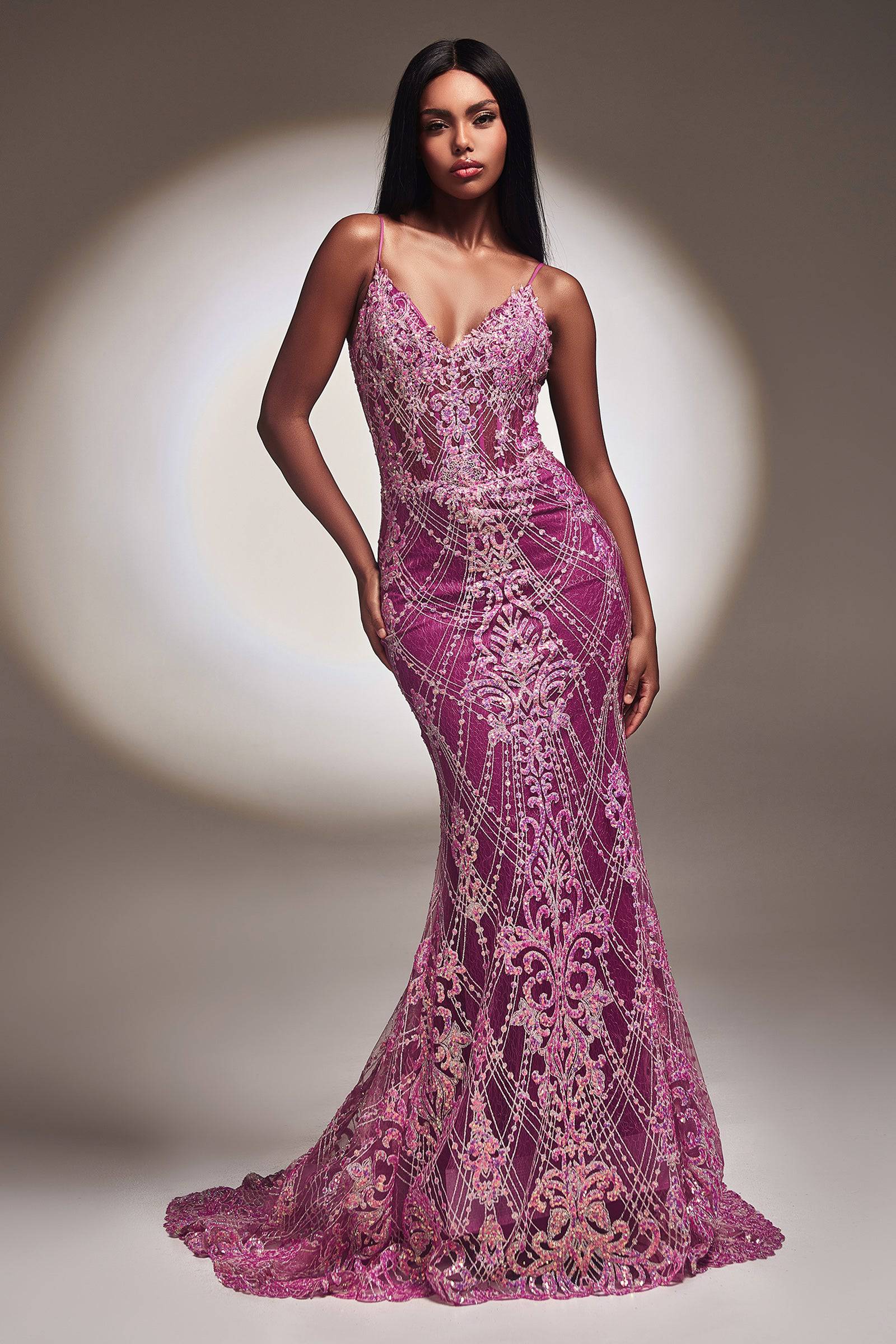 Cinderella Divine CC2168 Amethyst Mermaid Dress with Extravagant Lace and  Sequin Embroidery