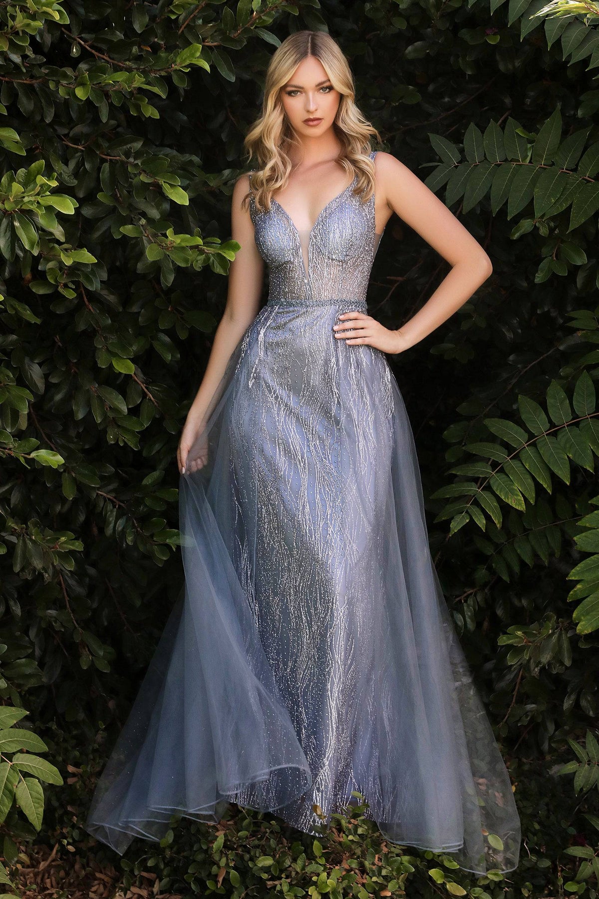 Pretty Shimmery Gown with Sheer Overlay and Deep Neckline #CDCD0152