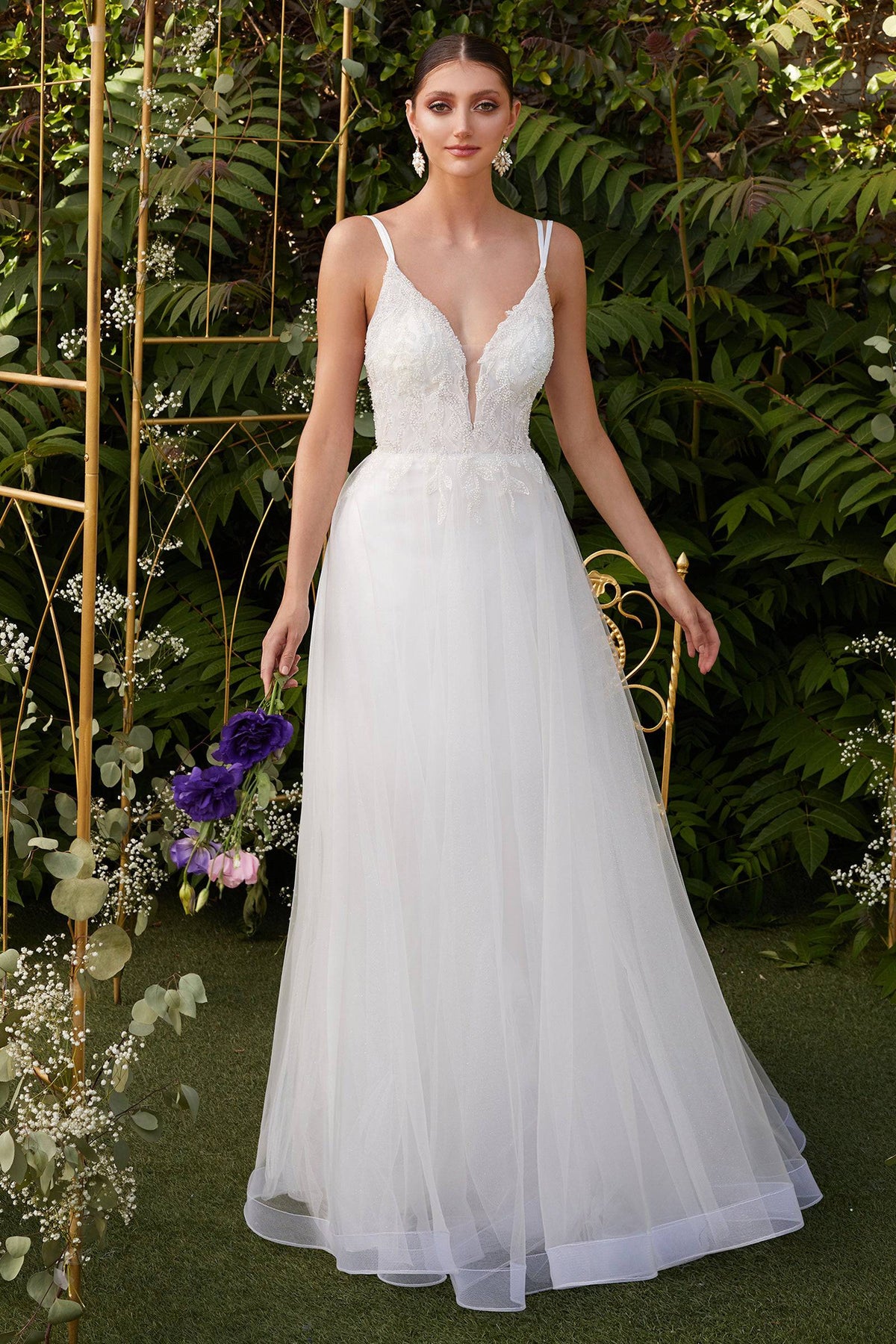 Elegant Deep Neckline Wedding Gown with Layered Skirt #CDCD0154 - NORMA REED