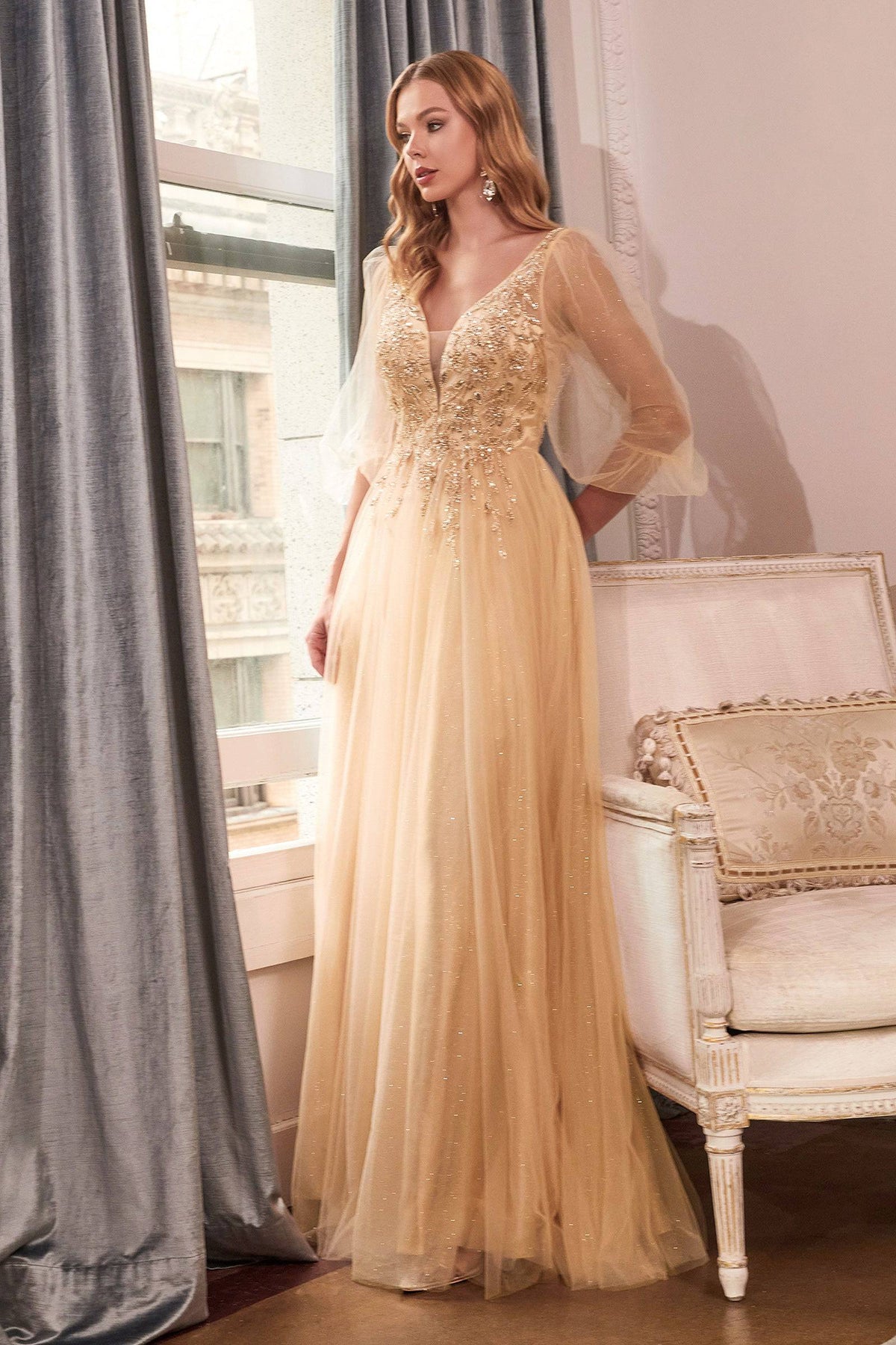 Gorgeous Open Back Long Champagne Lace Prom Dress, Champagne Lace