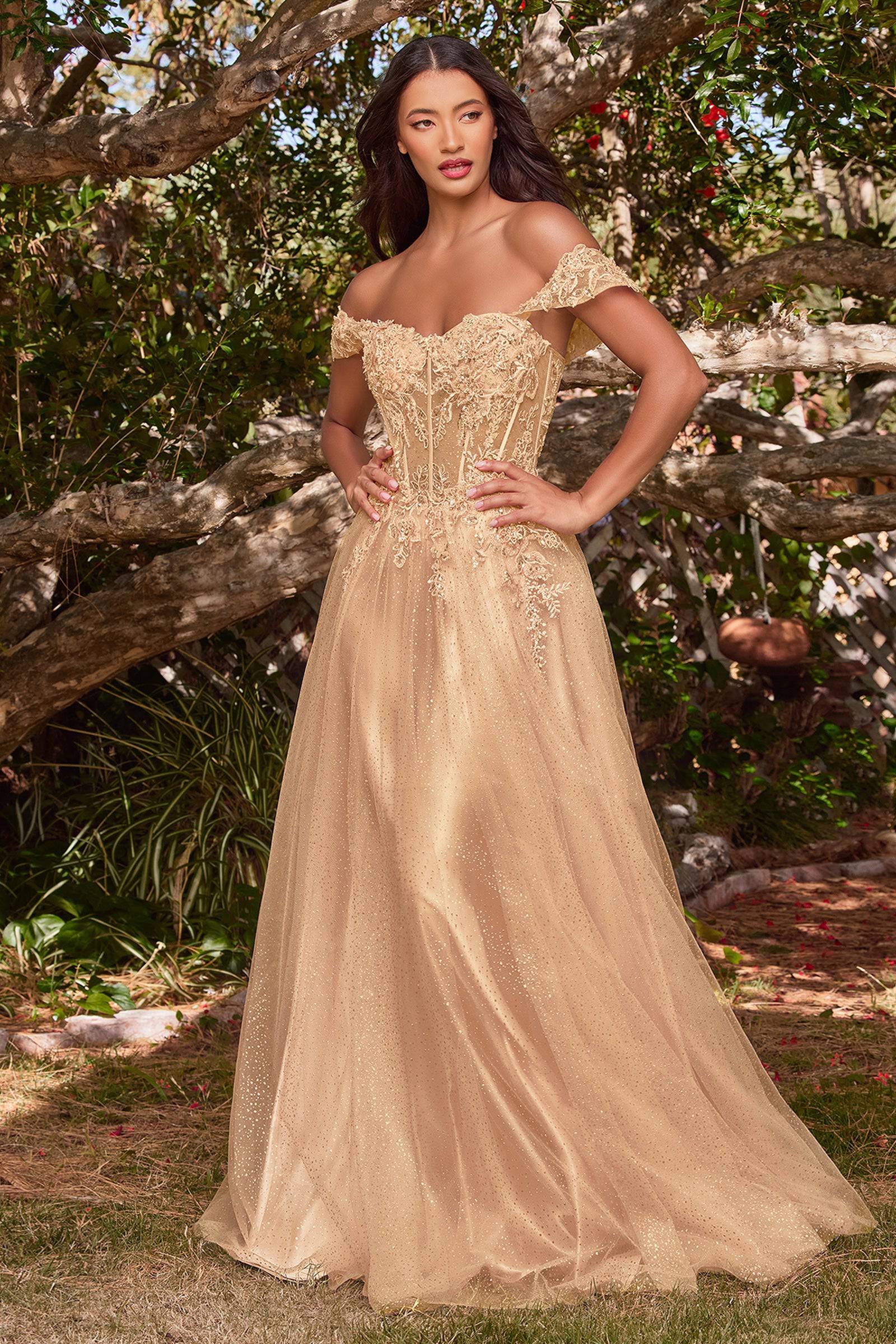 Off the shoulder champagne prom clearance dress