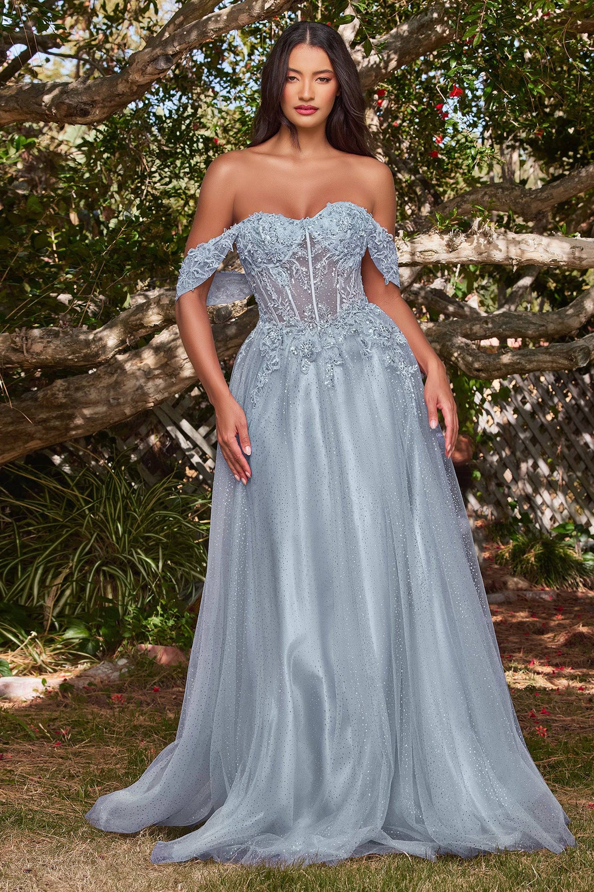 Cinderella Divine Sage Divine Satin Corset Off-Shoulder Prom Dress