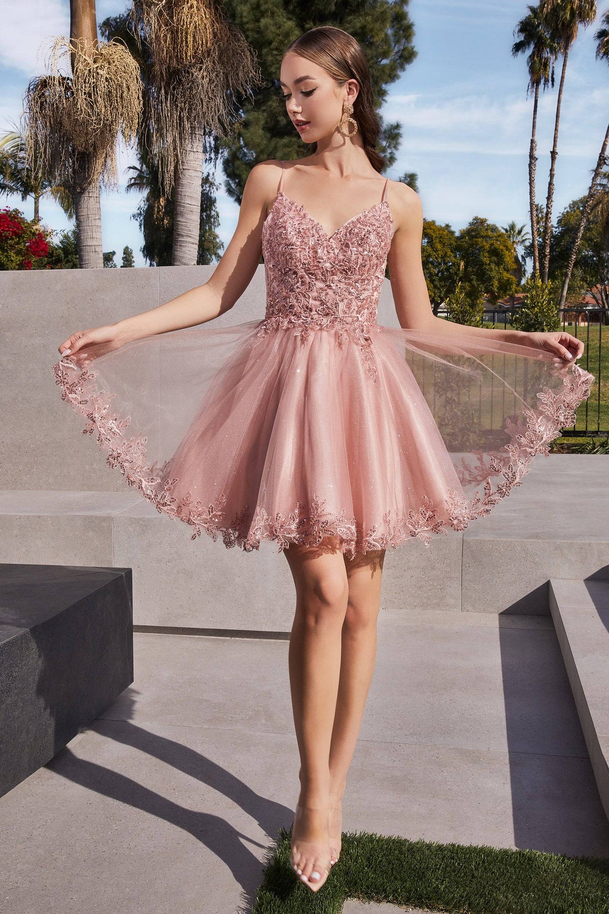 Cinderella Divine CD0213 Lace Embroidered Sparkling Blush Short Dress With  Tulle Skirt