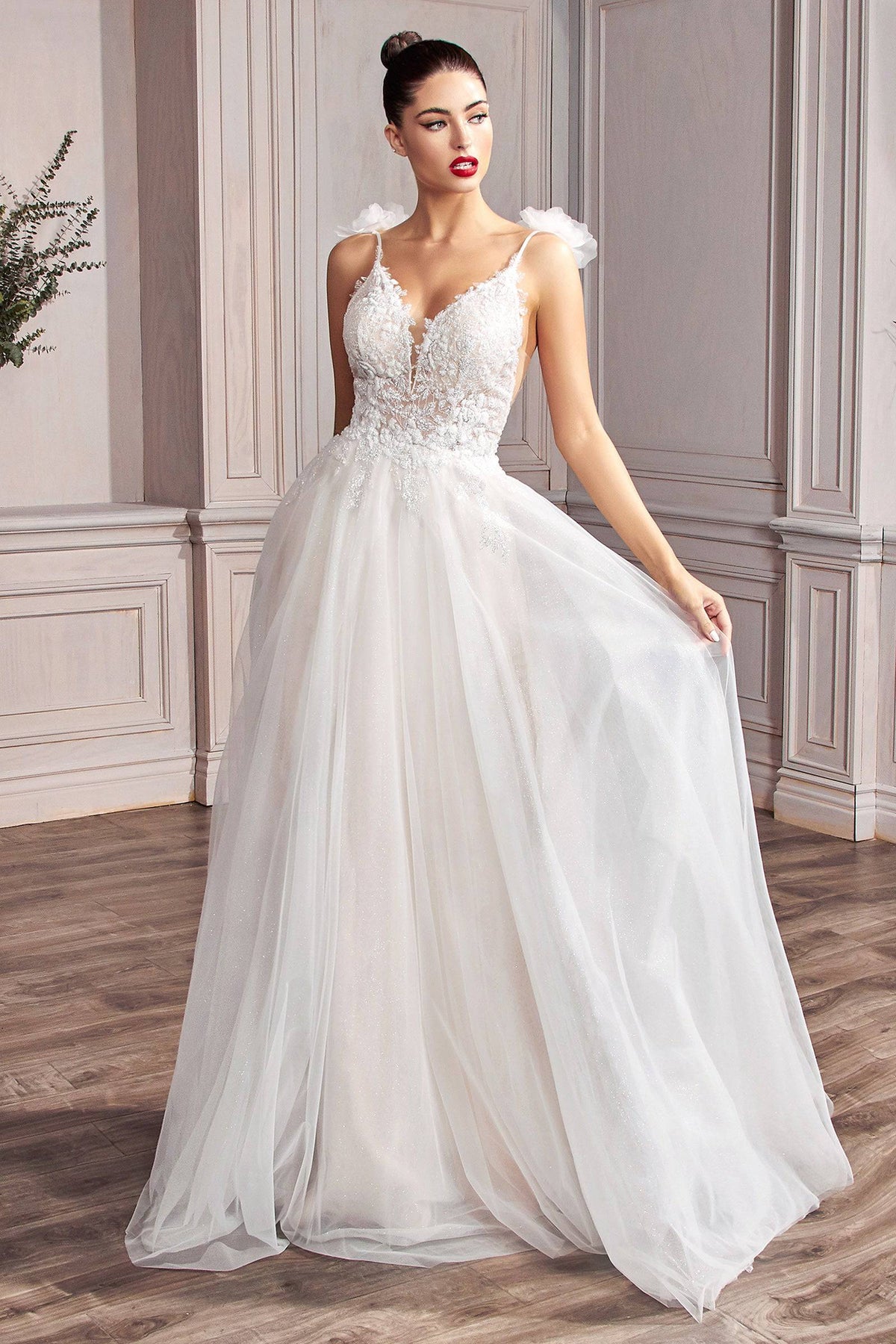 Elegant Floral Long Gown with Flower Accents on Sleeves and Embroidered Bodice #CDCD215W - NORMA REED