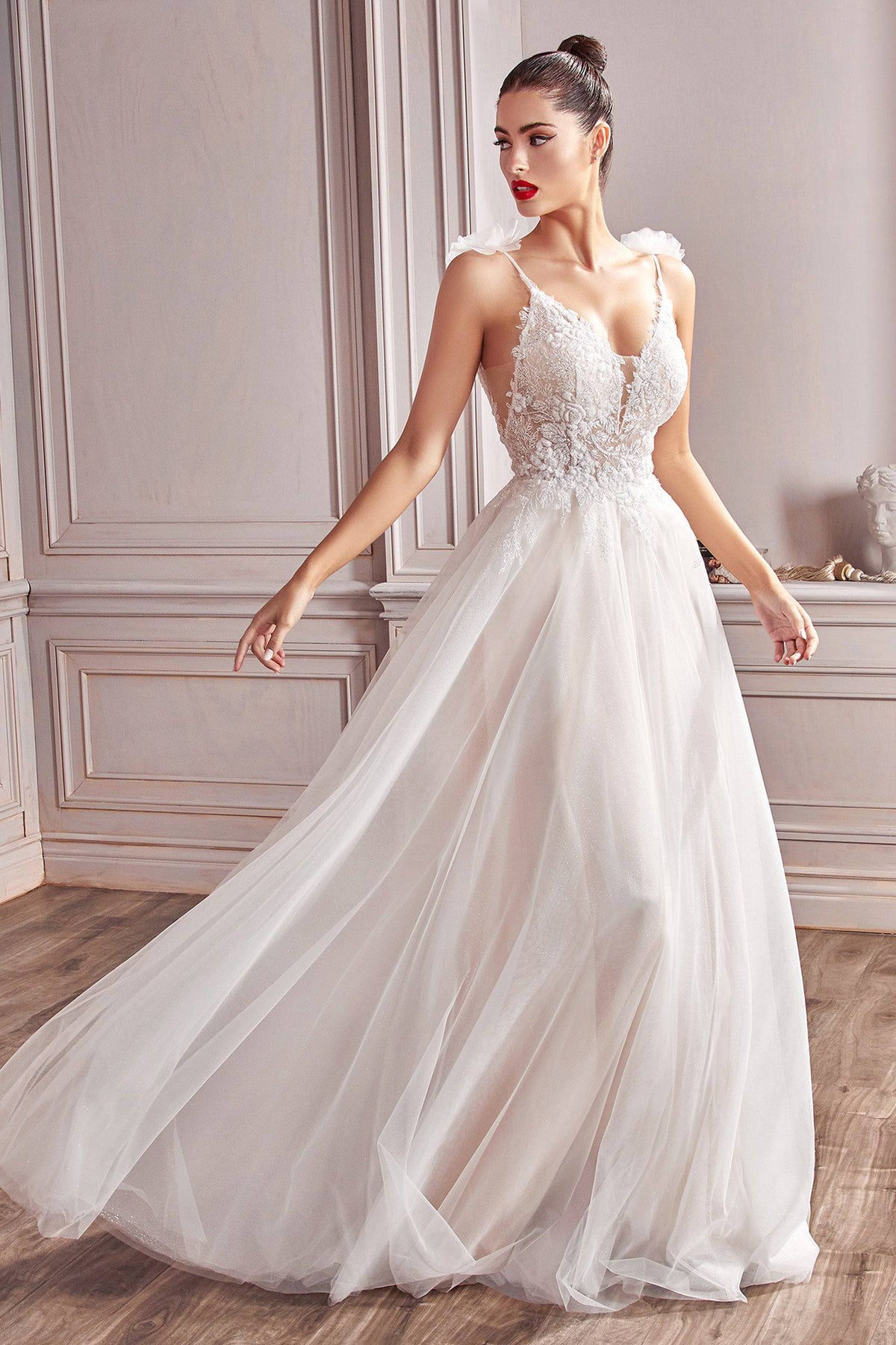 Elegant Floral Long Gown with Flower Accents on Sleeves and Embroidered Bodice #CDCD215W - NORMA REED