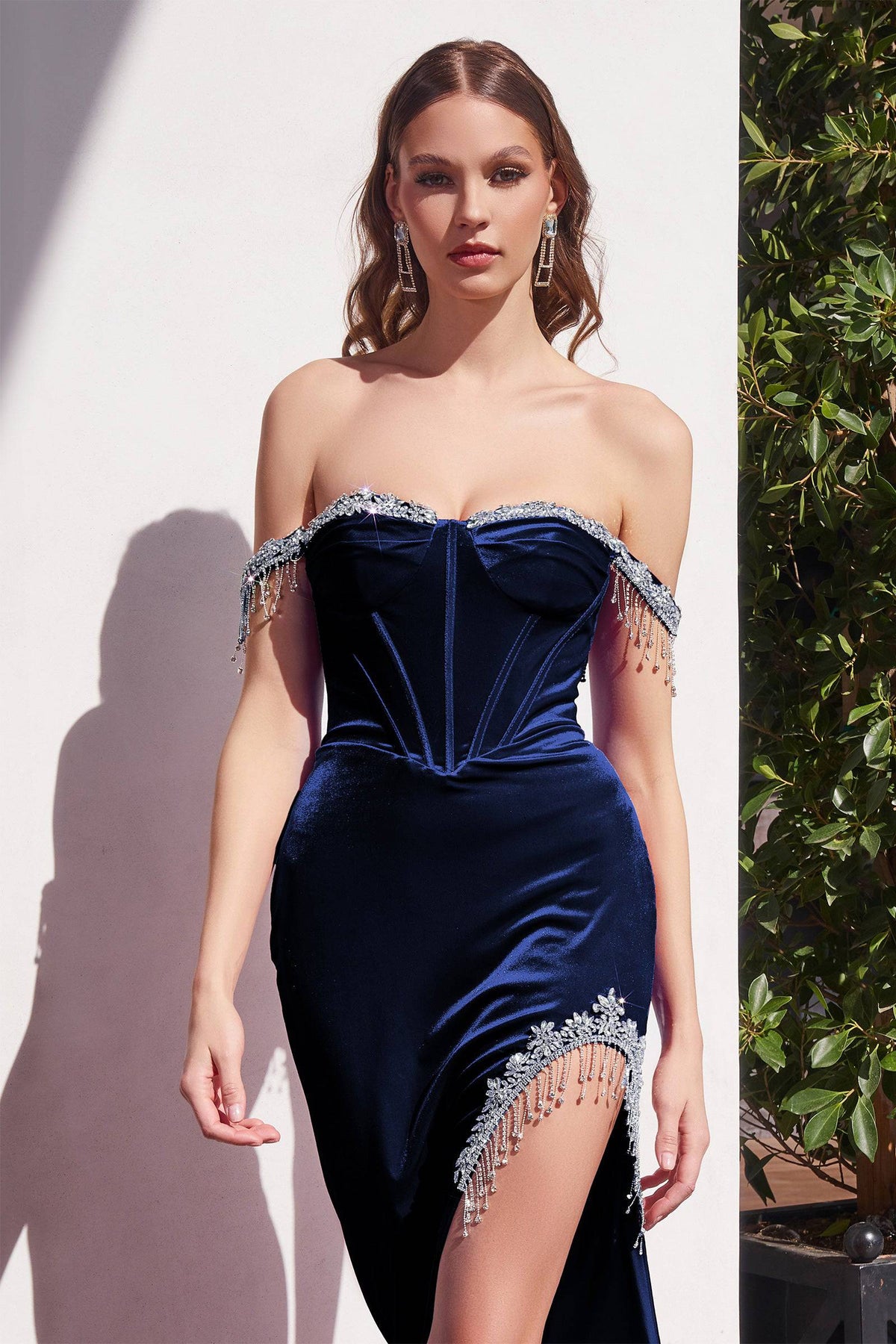 Cinderella CD292 Velvet Off Shoulder Corset Dress with Hanging Crystal Embroidery - NORMA REED
