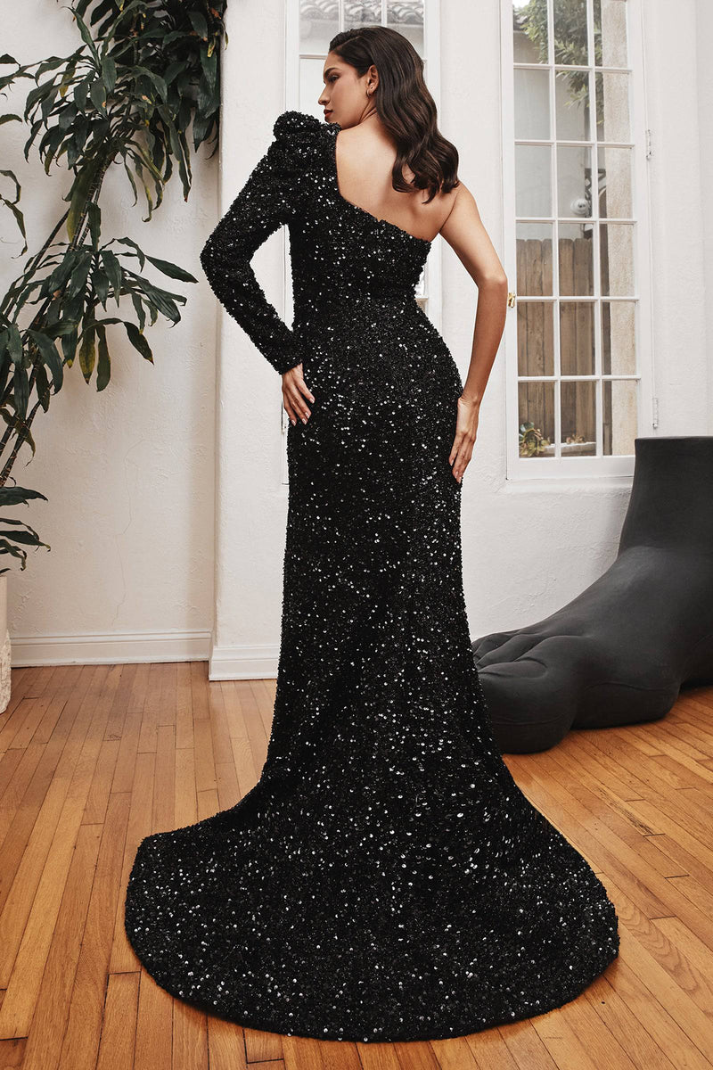 Cinderella Divine CD885 One Sleeve Shimmering Black Dress - NORMA REED