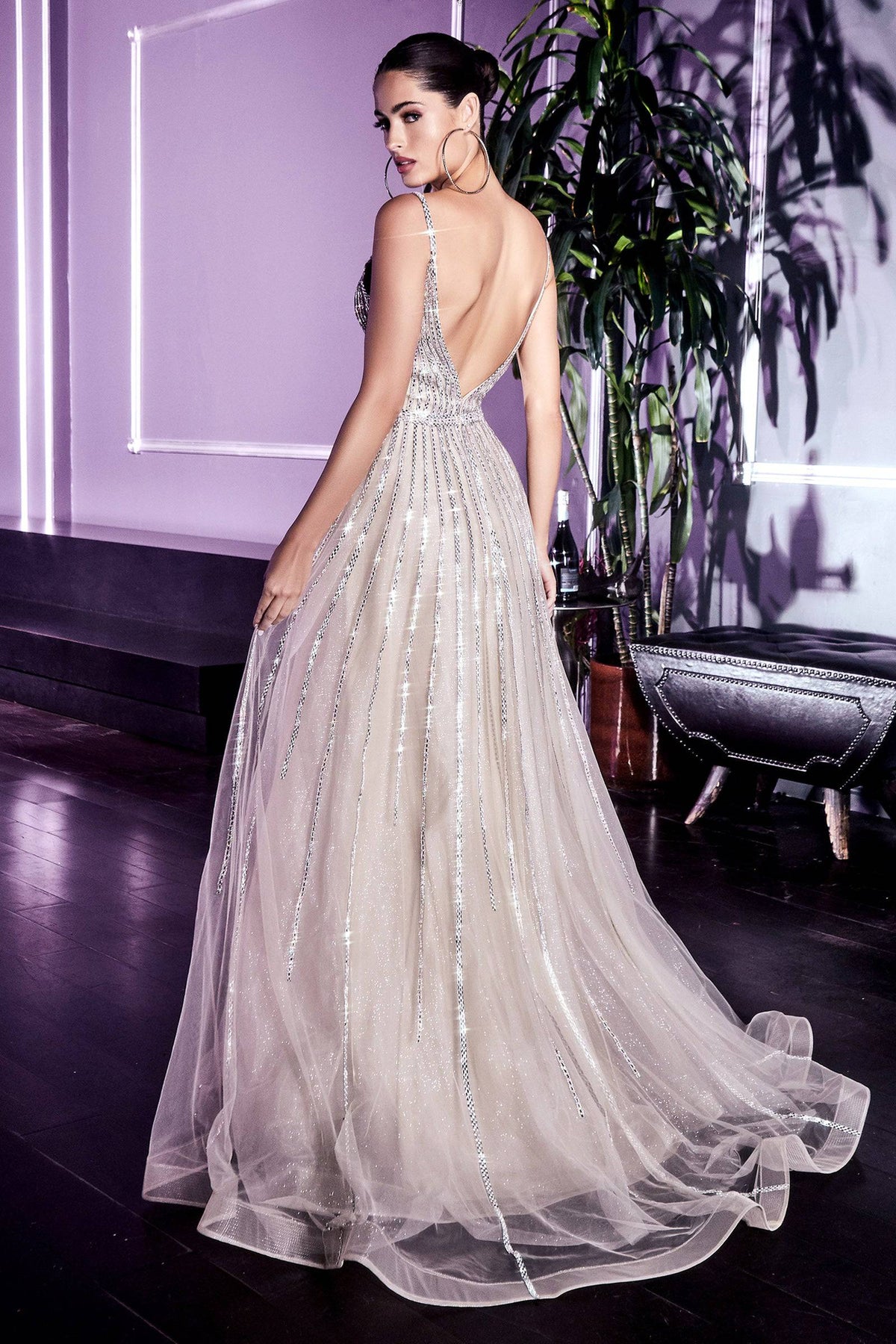 Elegant Long Gown with Deep Neckline and Shimmery Skirt Overlay #CDCD940 - NORMA REED