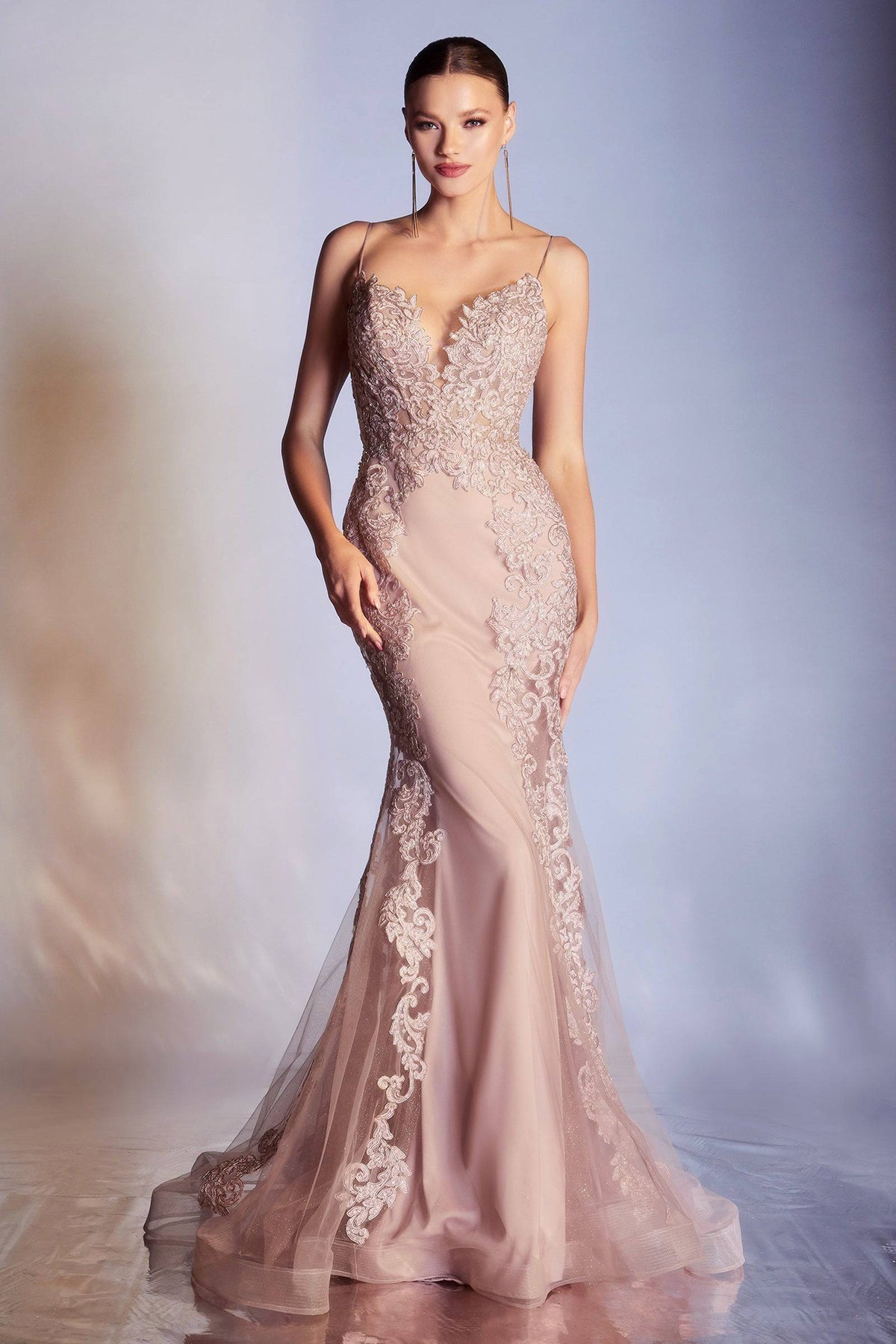 Elegant Mermaid Style Gown with Embroidered Bodice and Deep Neckline #CDCD945 - NORMA REED