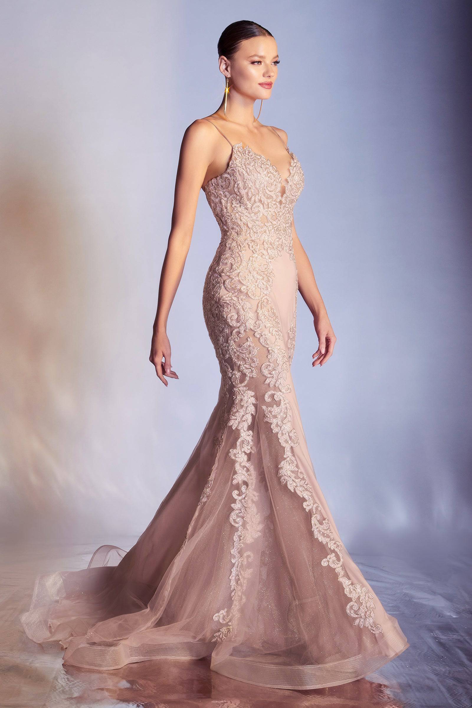 Elegant Mermaid Style Gown with Embroidered Bodice and Deep