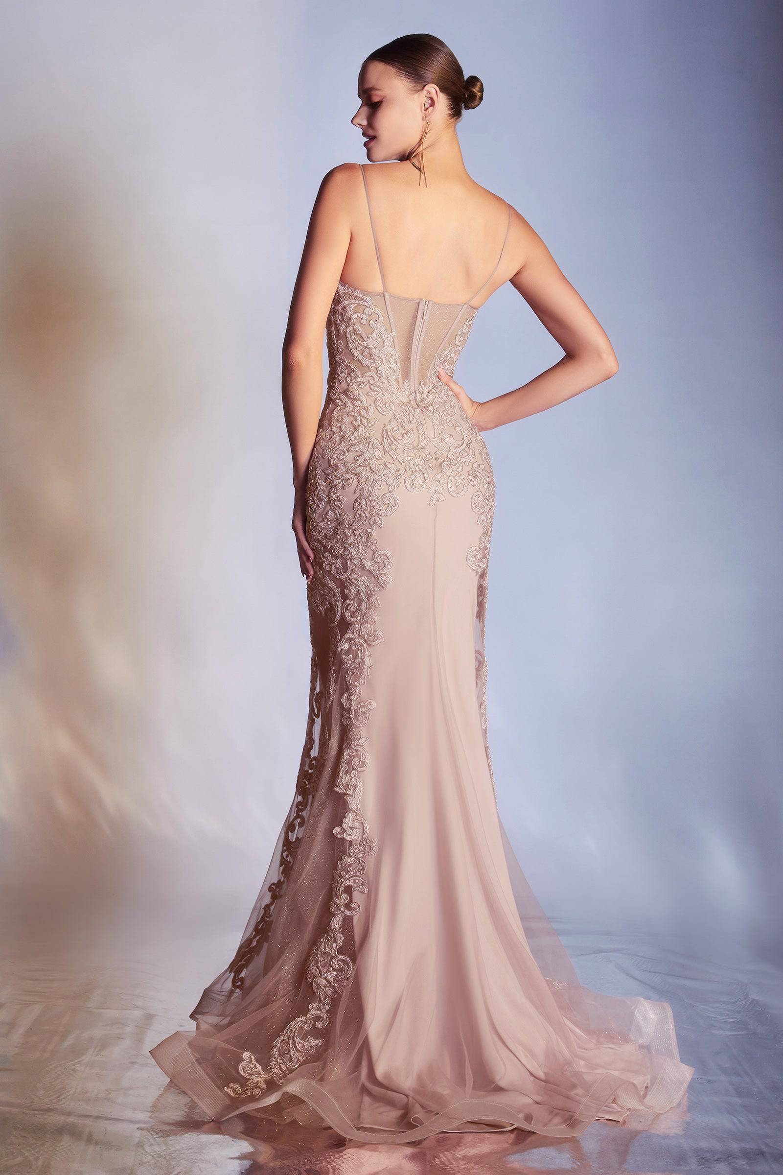 Elegant Mermaid Style Gown with Embroidered Bodice and Deep Neckline  Ladivine CD945