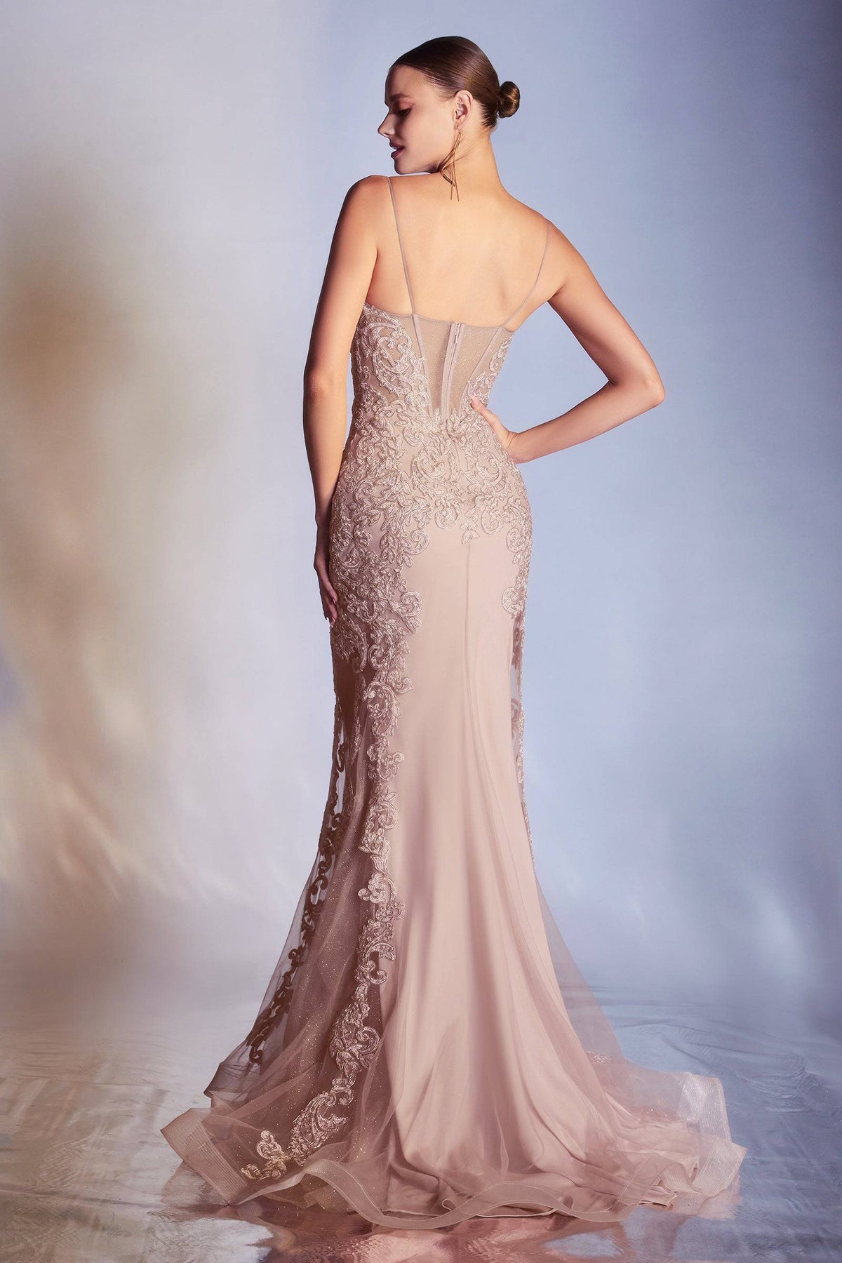 Elegant Mermaid Style Gown with Embroidered Bodice and Deep Neckline #CDCD945 - NORMA REED