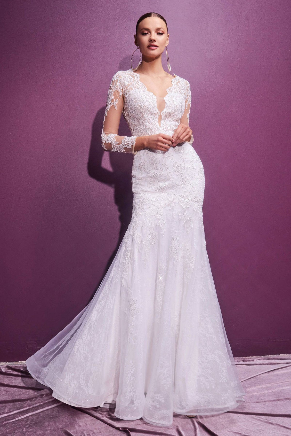 Elegant Lace Long Sleeve Wedding Gown with Deep Neckline #CDCD951W - NORMA REED