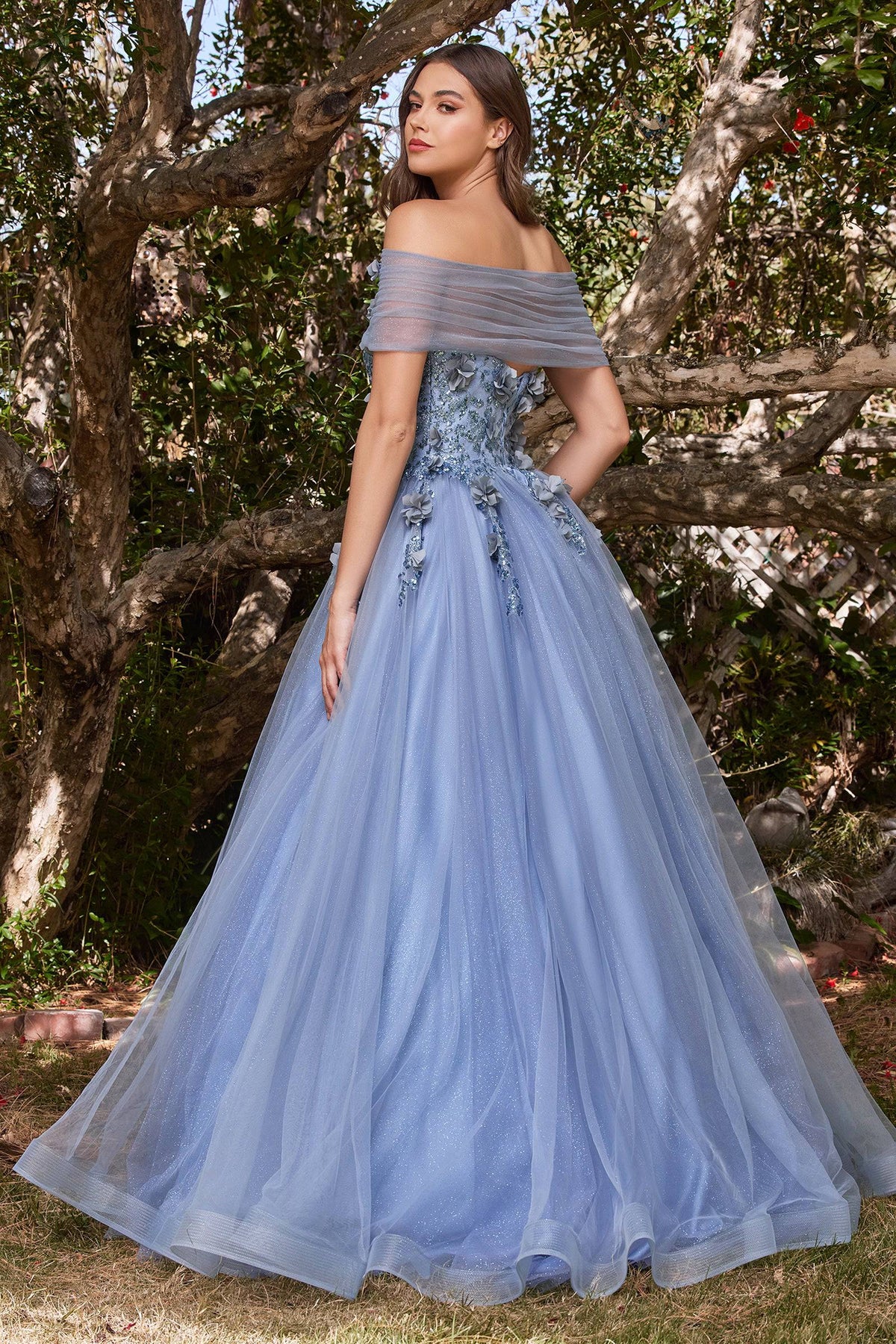 Cinderella Divine CD955 Floral Off Shoulder Shimmering Tulle Ball Gown - NORMA REED