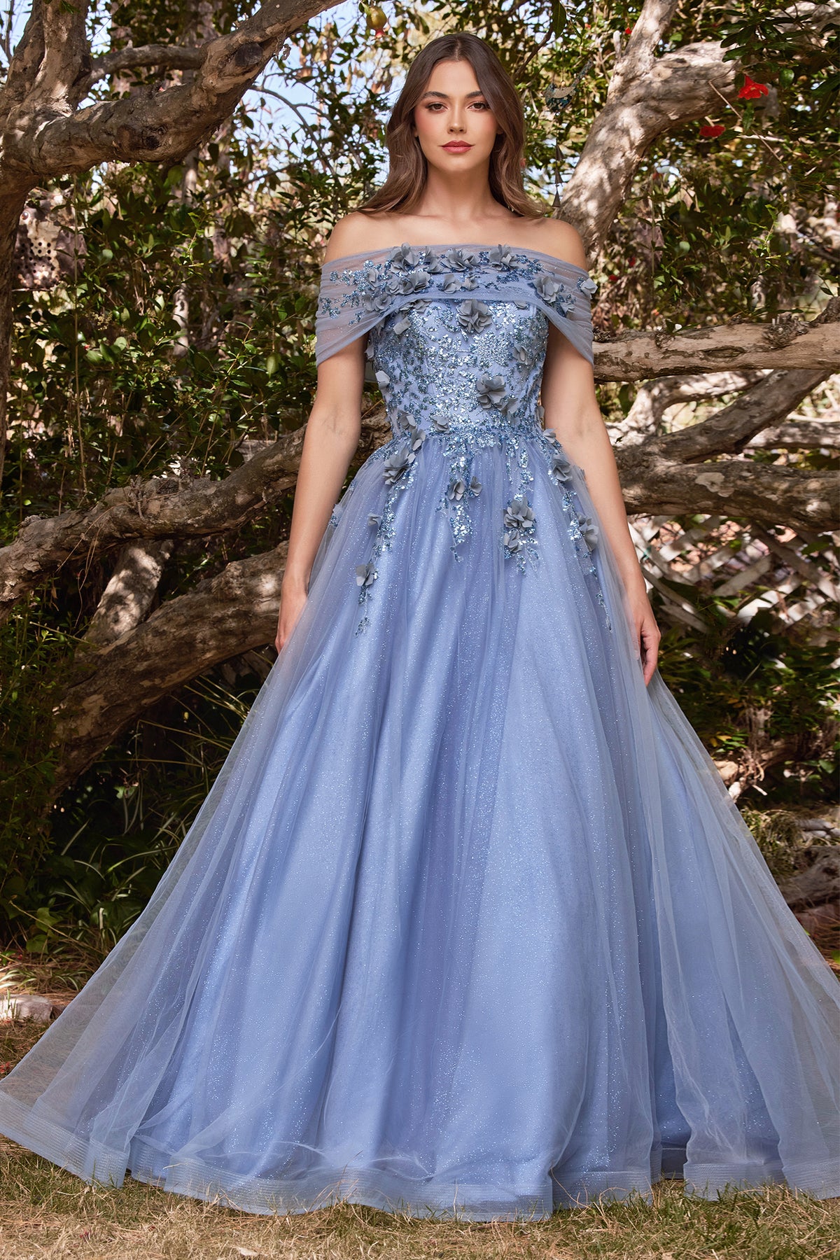Cinderella Divine CD955 Floral Off Shoulder Shimmering Tulle Ball Gown - NORMA REED