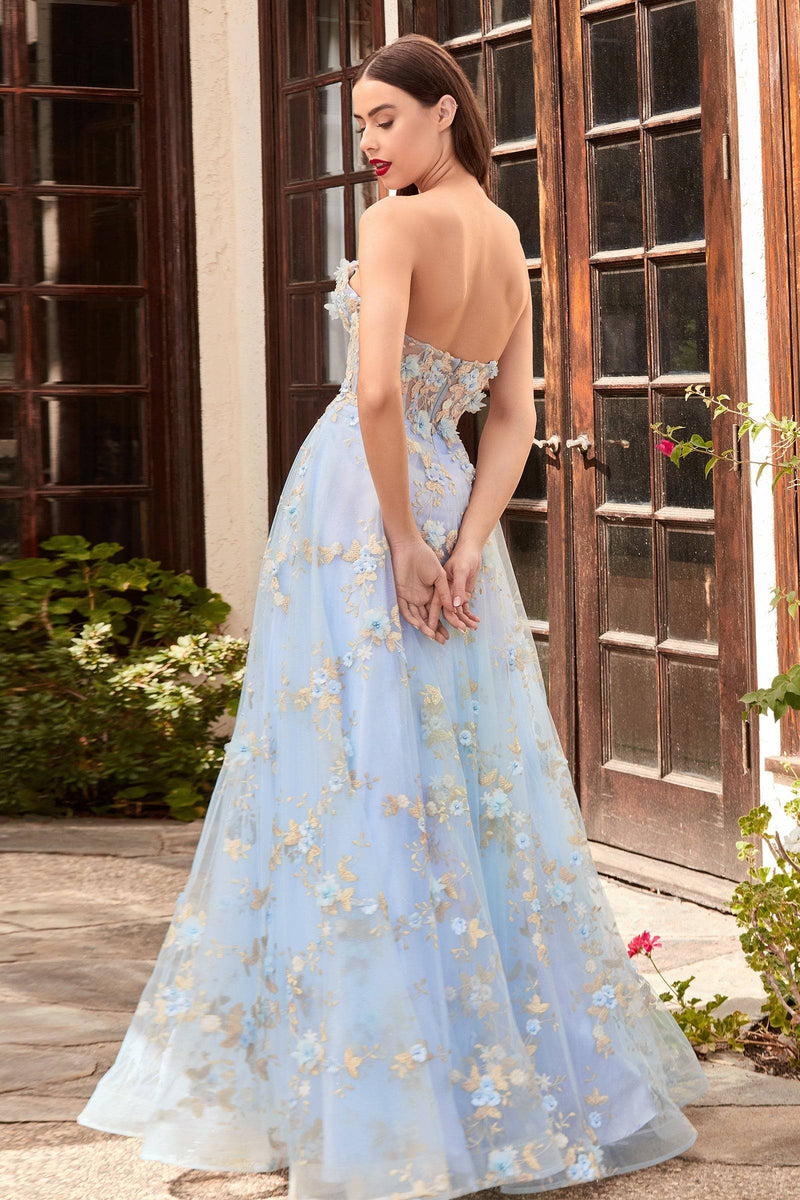 Cinderella Divine CD963 Off Shoulder Floral Tulle Blue Champagne Ball Gown - NORMA REED