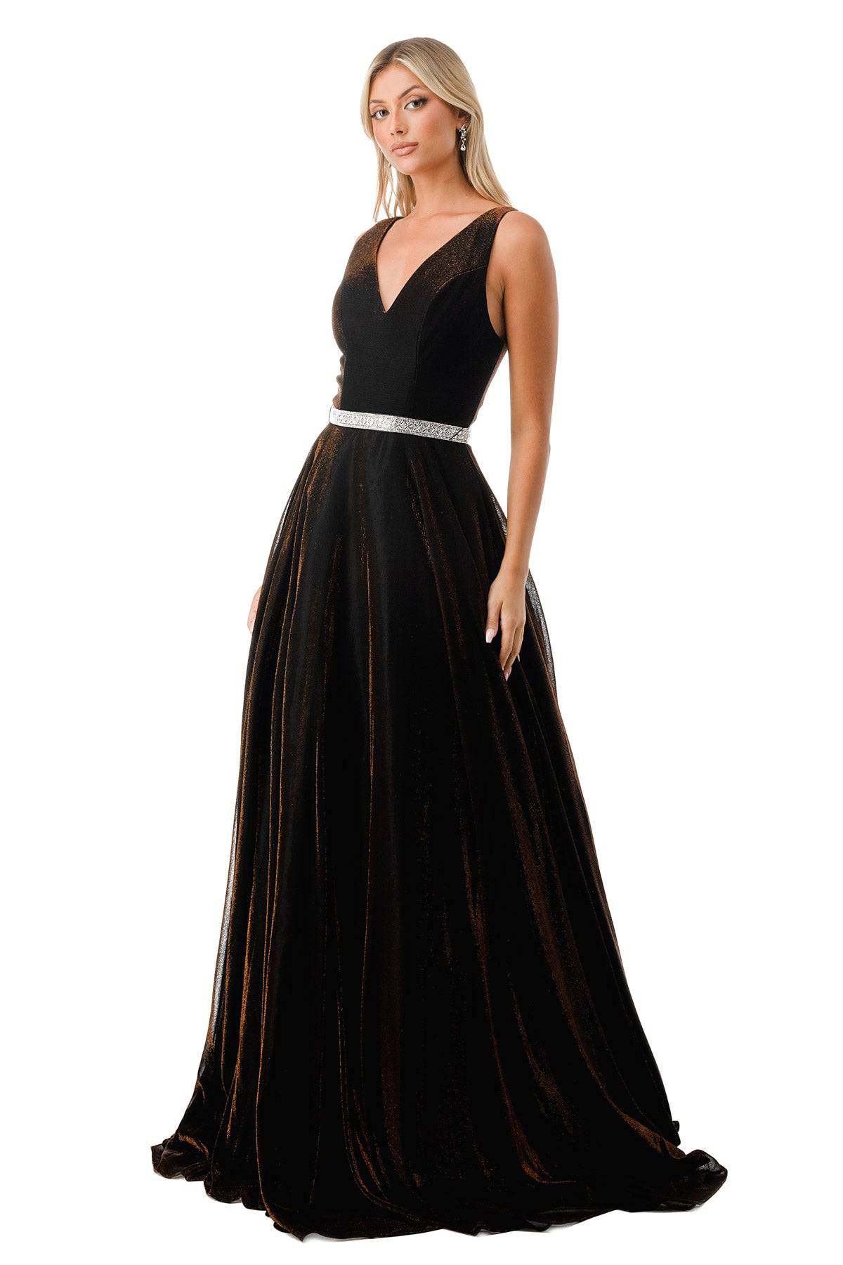 Aspeed Design D320 Shimmering Velvet A Line Dress With Crystal Stone Belt - NORMA REED