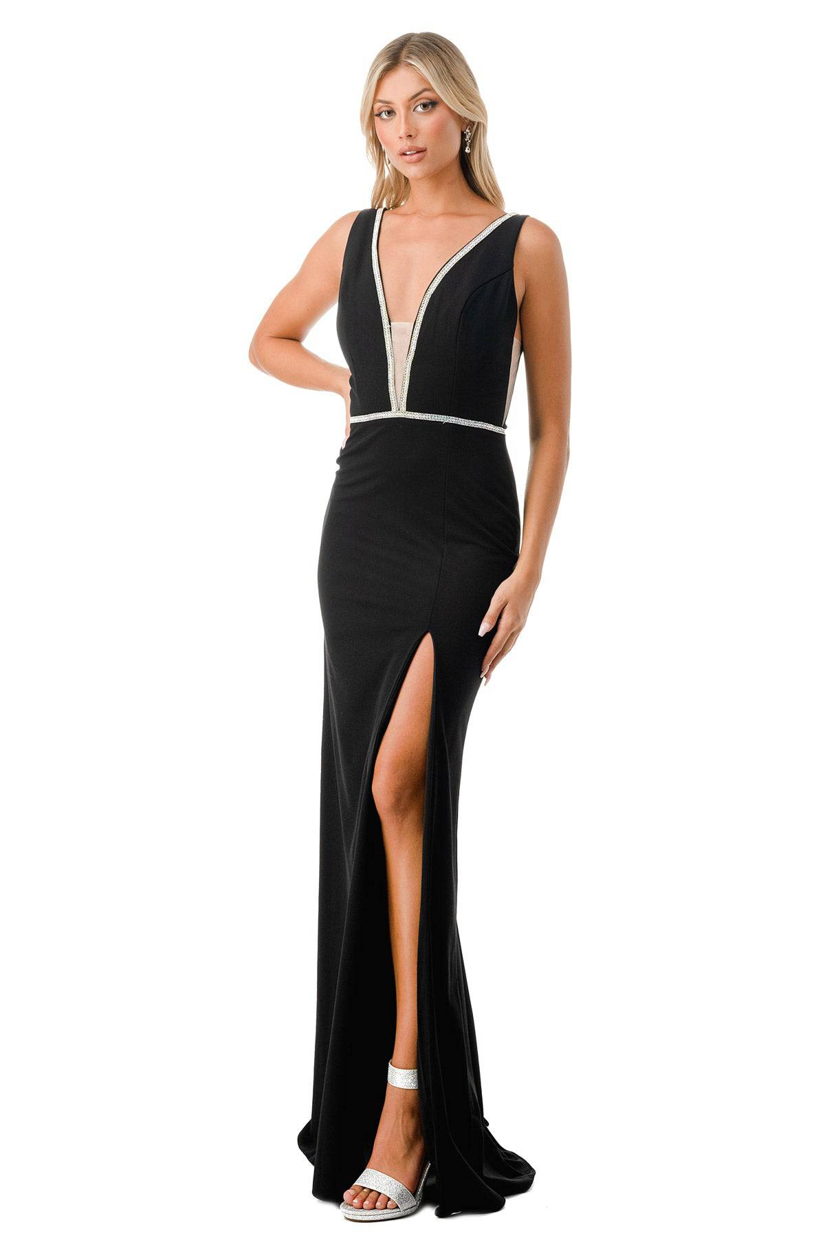 Aspeed Design D499 Crystal Embroidered Low Neck Slit Leg Dress - NORMA REED
