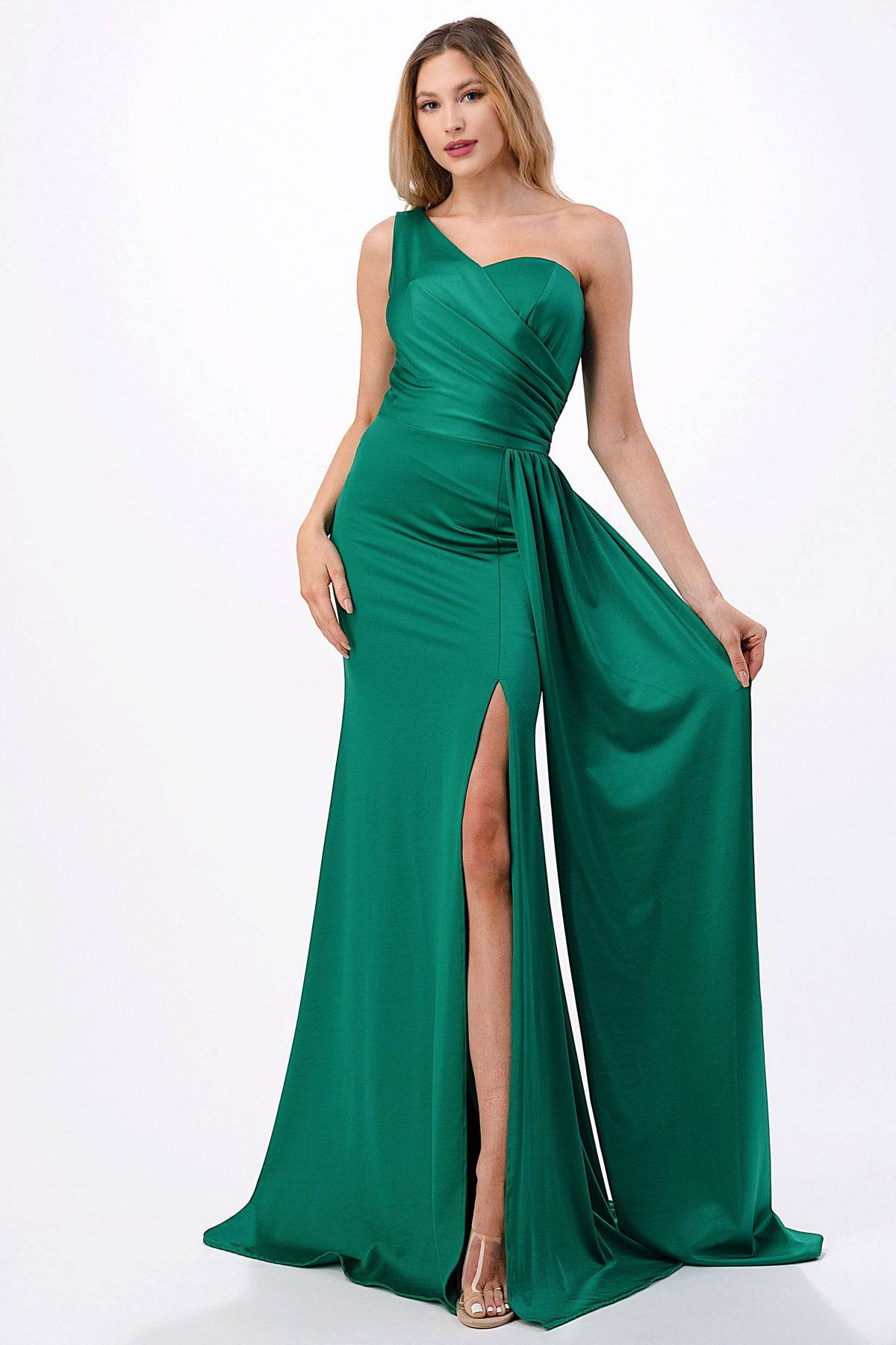 Aspeed Design D567 Emerald Green Slit Leg One Shoulder Dress | 2 Colors - NORMA REED