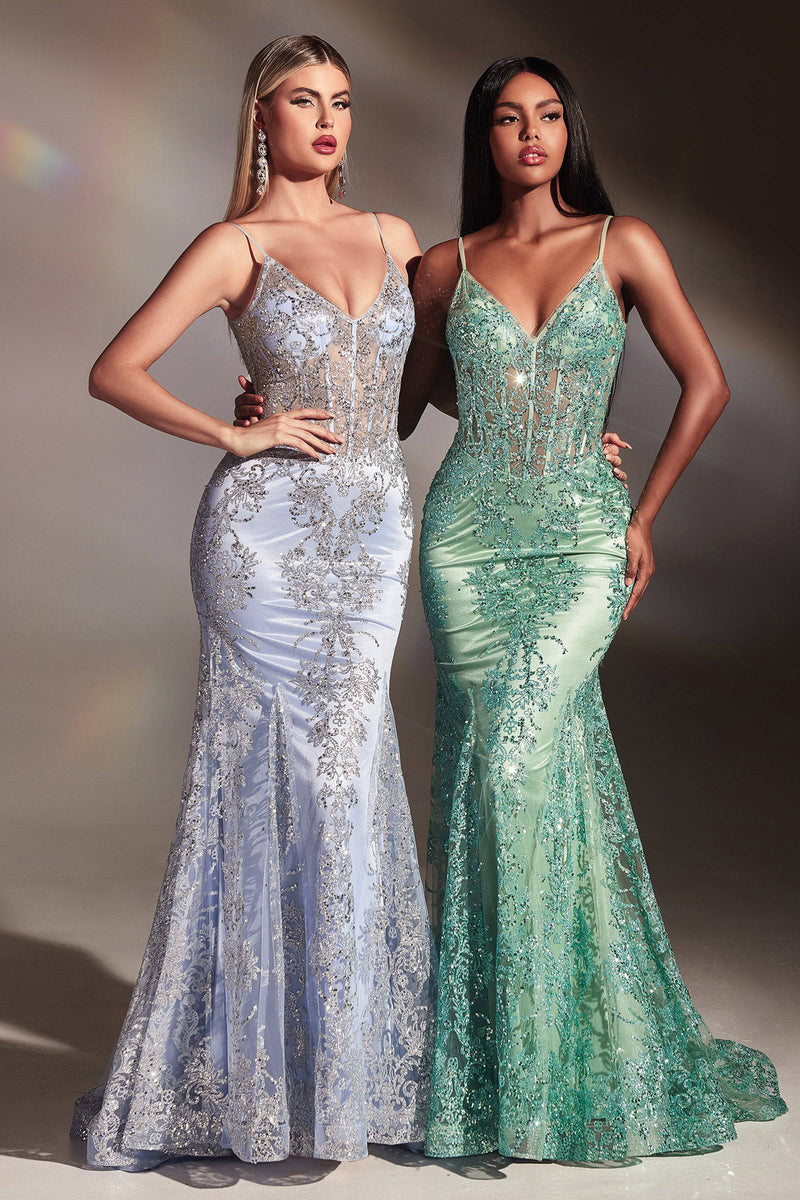 Cinderella Divine J810 Sparkling Mermaid Corset Dress with Sheer Bodice & Lace Embroidery - NORMA REED