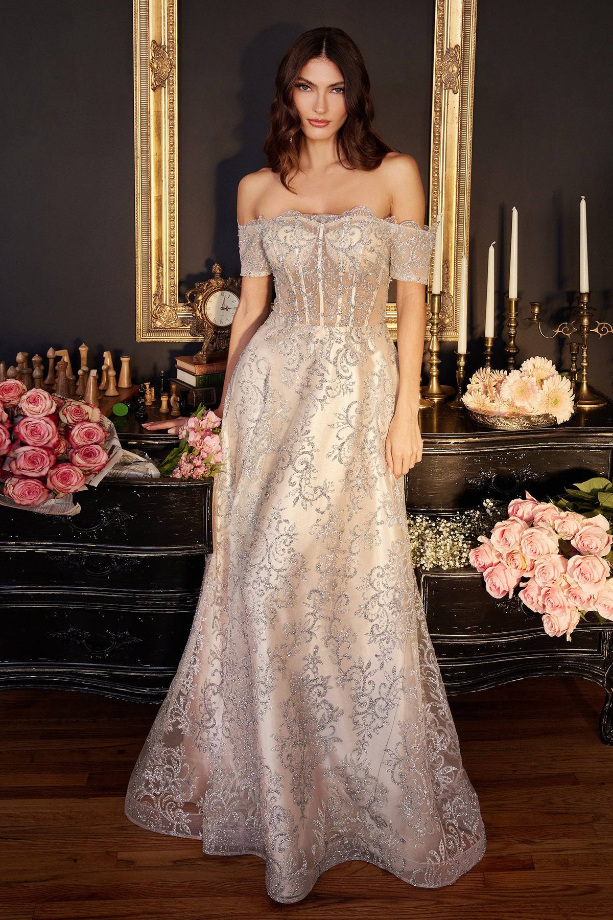 Cinderella Divine J835 Off Shoulder Lace Sequin Gown - NORMA REED