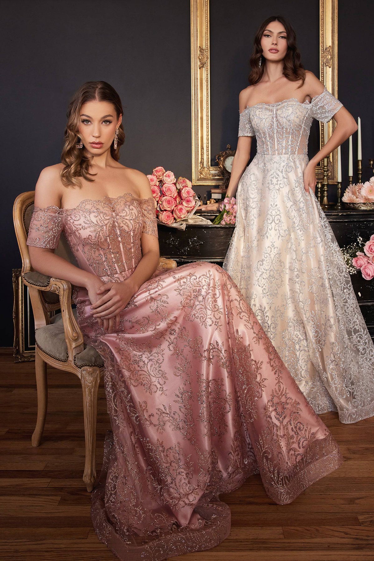 Cinderella Divine J835 Off Shoulder Lace Sequin Gown