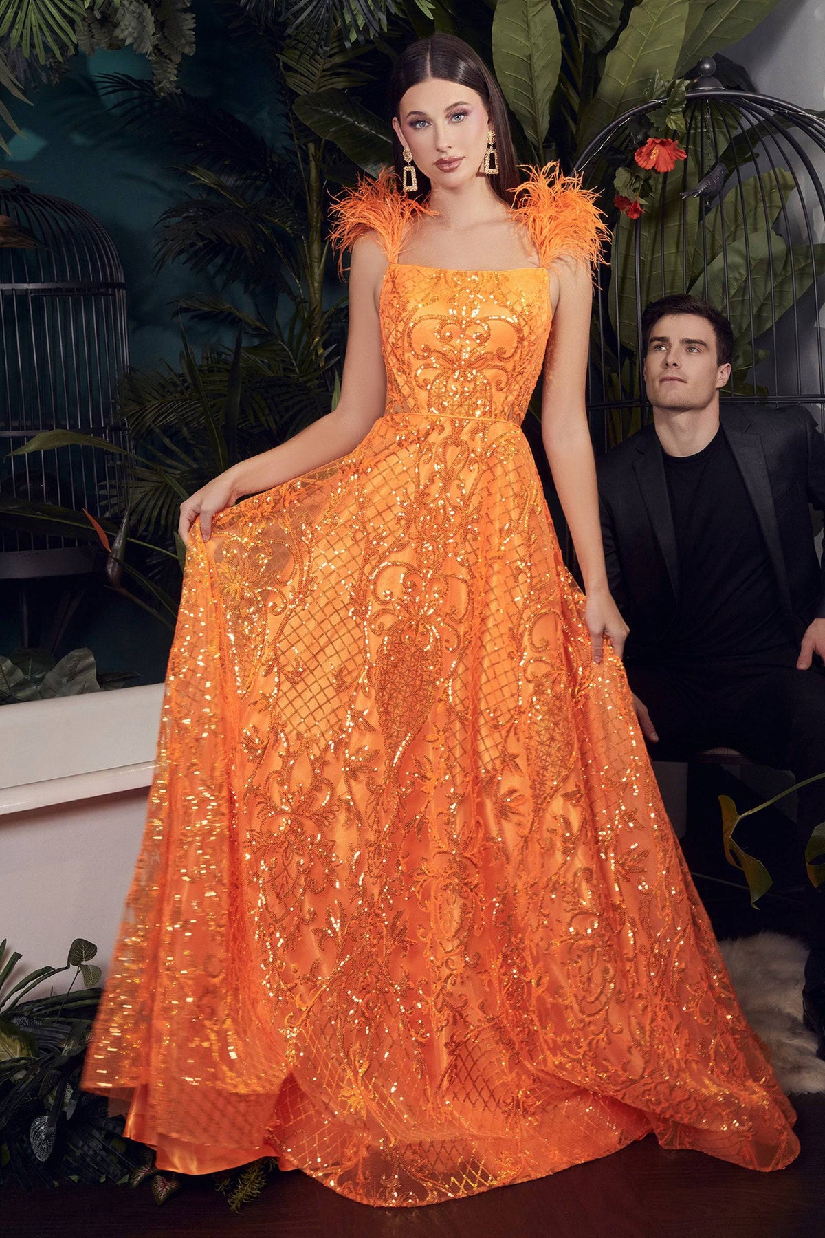 Cinderella Divine KV1076 Neon Orange Feather Gown - NORMA REED