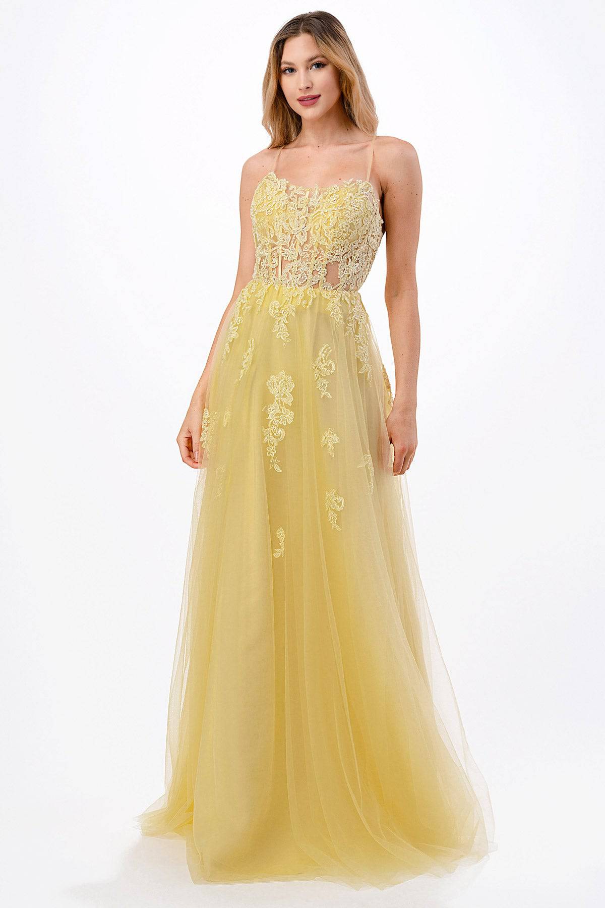 Aspeed Design L2657 Lace Embroidered Tulle Yellow Corset Dress