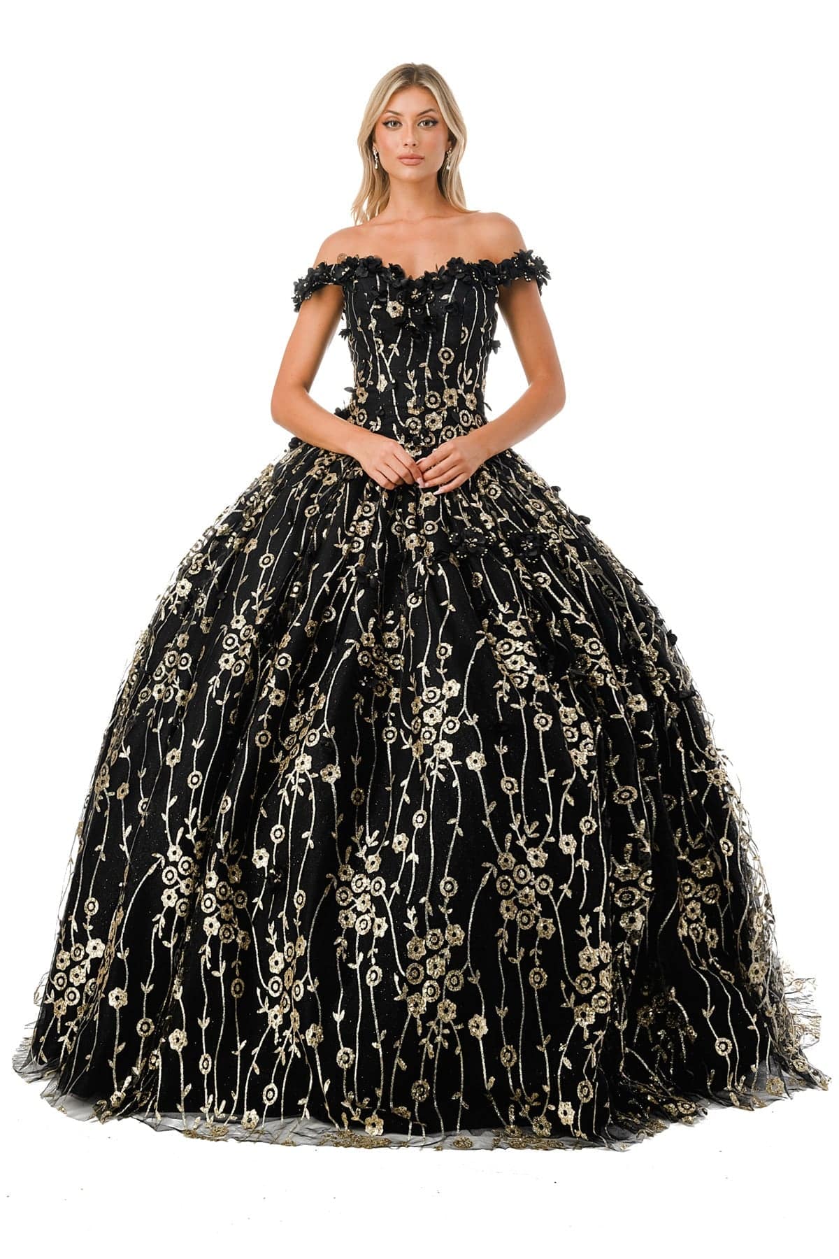 Aspeed L2766A Gorgeous Black & Gold Floral Inspired Quinceanera Dress - NORMA REED