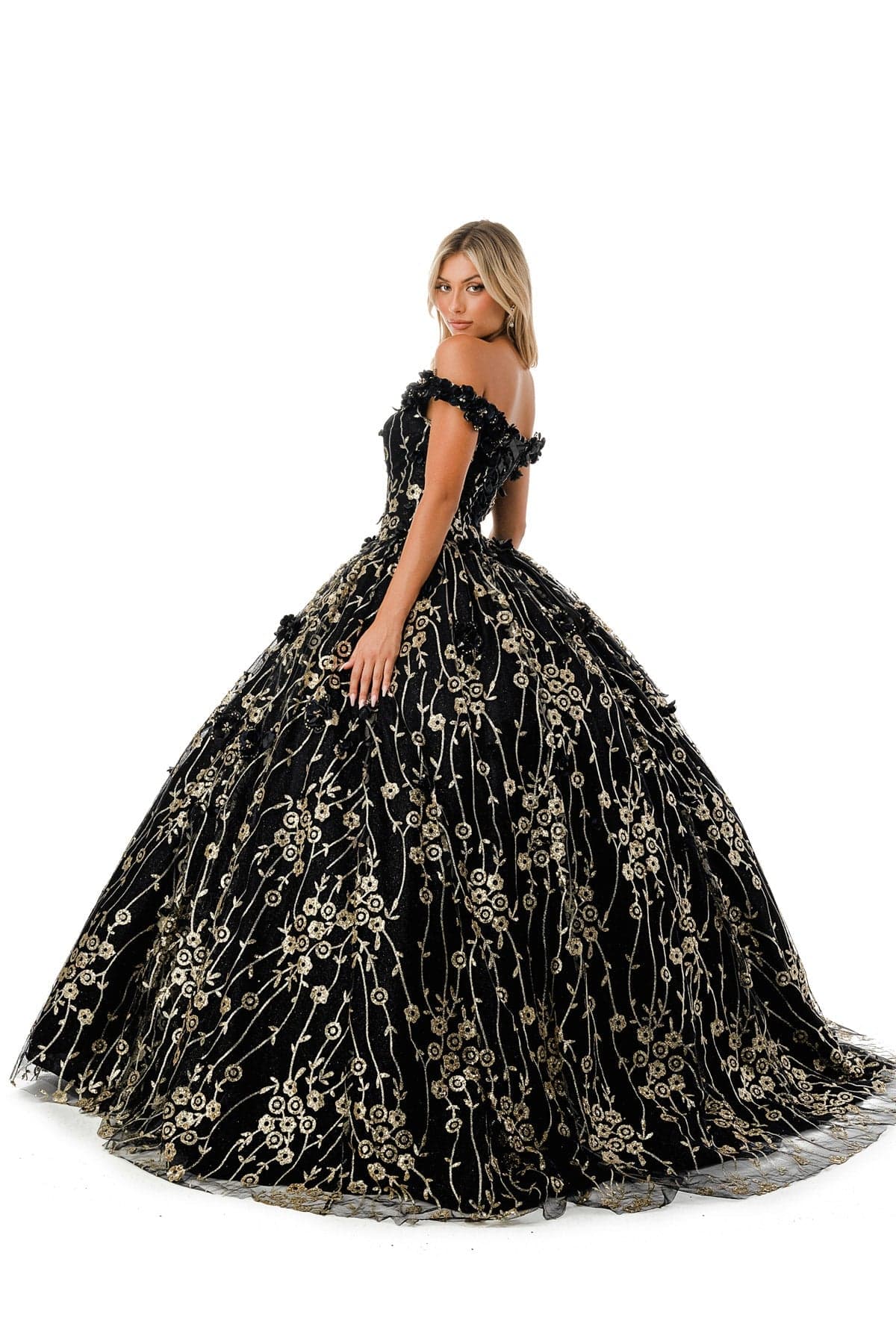 Aspeed L2766A Gorgeous Black & Gold Floral Inspired Quinceanera Dress - NORMA REED