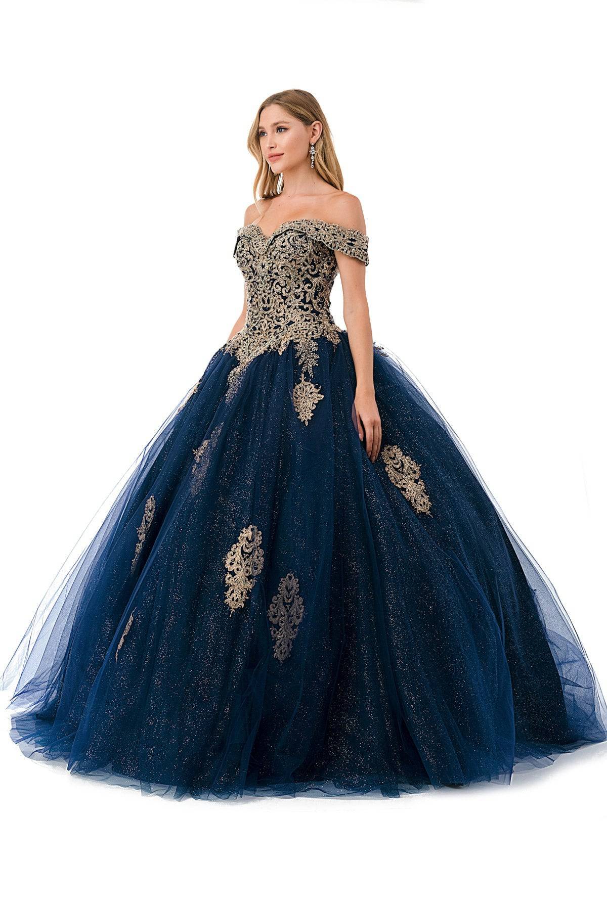 Aspeed L2779 Stunning Off Shoulder Shimmering Navy Quinceanera Dress - NORMA REED