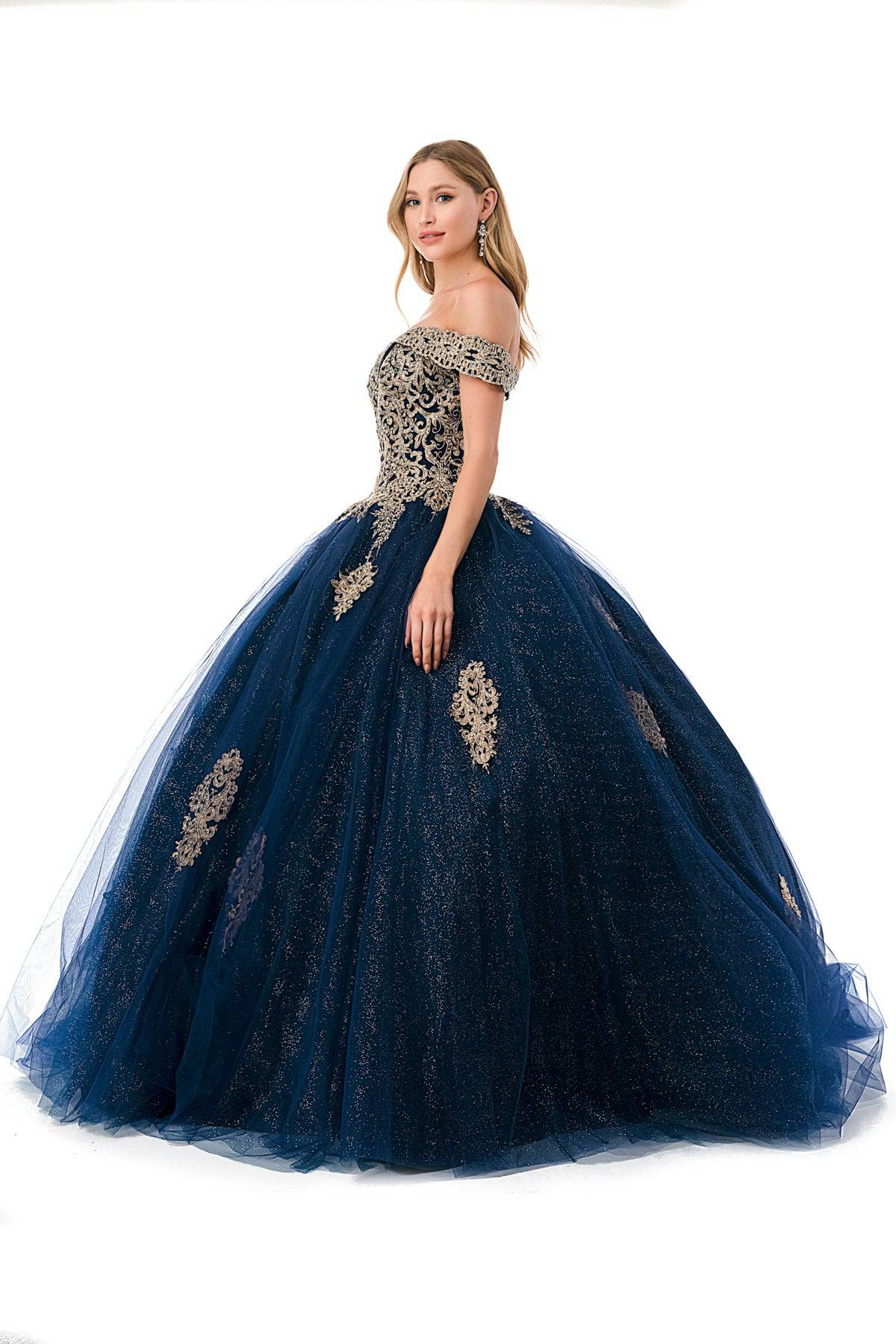 Aspeed L2779 Stunning Off Shoulder Shimmering Navy Ball Gown - NORMA REED