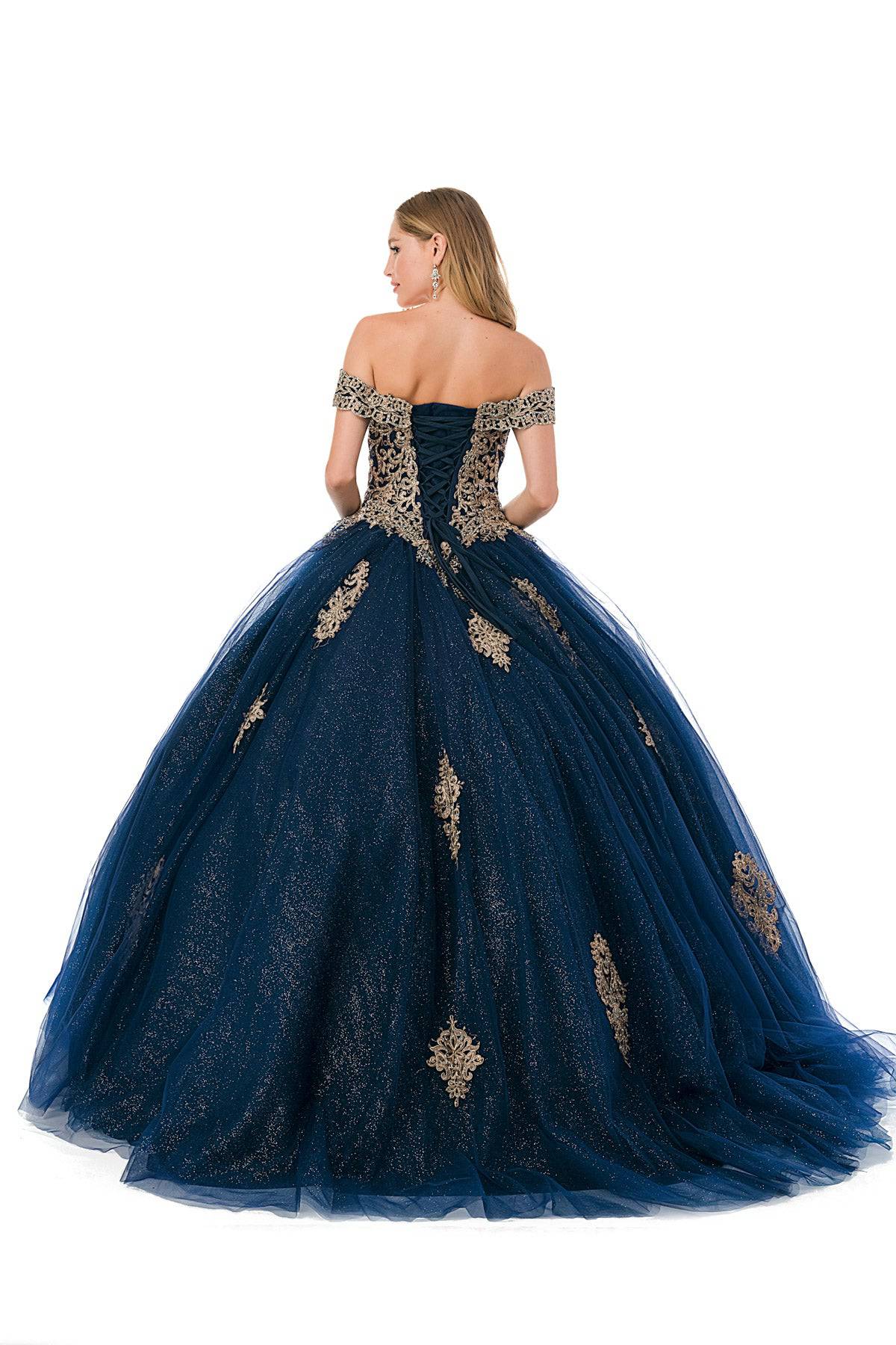 Aspeed L2779 Stunning Off Shoulder Shimmering Navy Ball Gown - NORMA REED