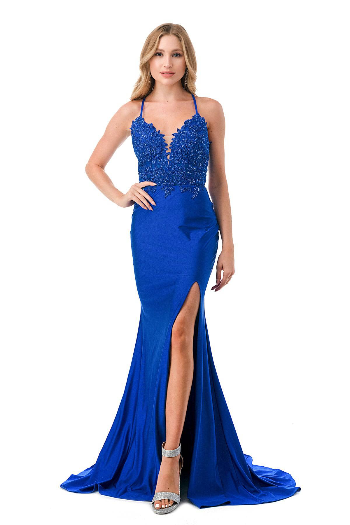 Aspeed Design L2814T Royal Blue Floral Lace Embroidered Slit Leg Dress - NORMA REED