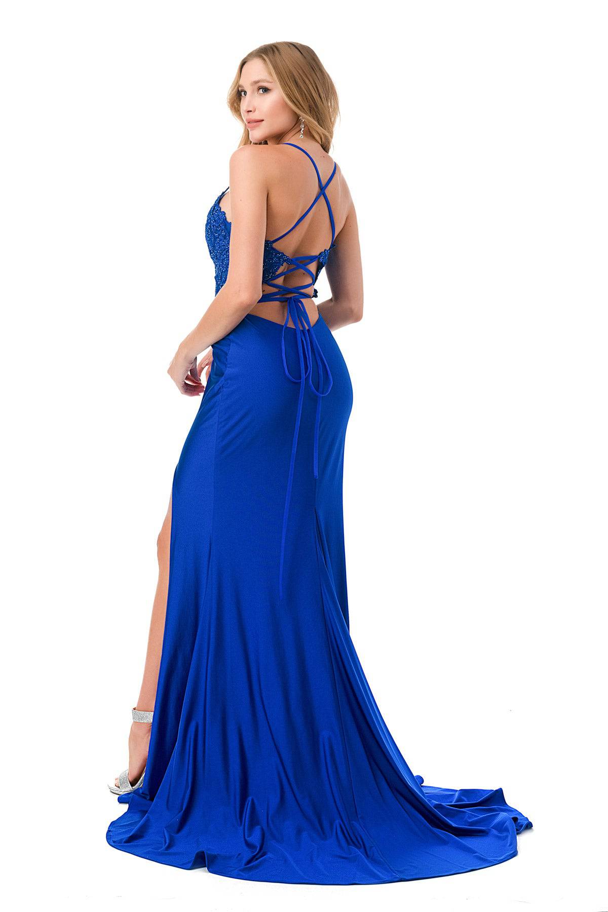 Aspeed Design L2814T Royal Blue Floral Lace Embroidered Slit Leg Dress - NORMA REED