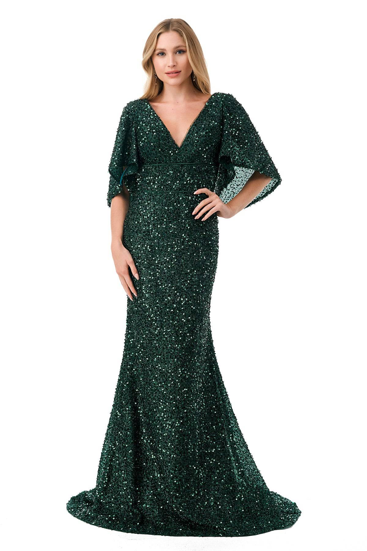 Aspeed M2751T Showstopping Emerald Sequin Flowing Sleeve Dress | 9 Colors - NORMA REED