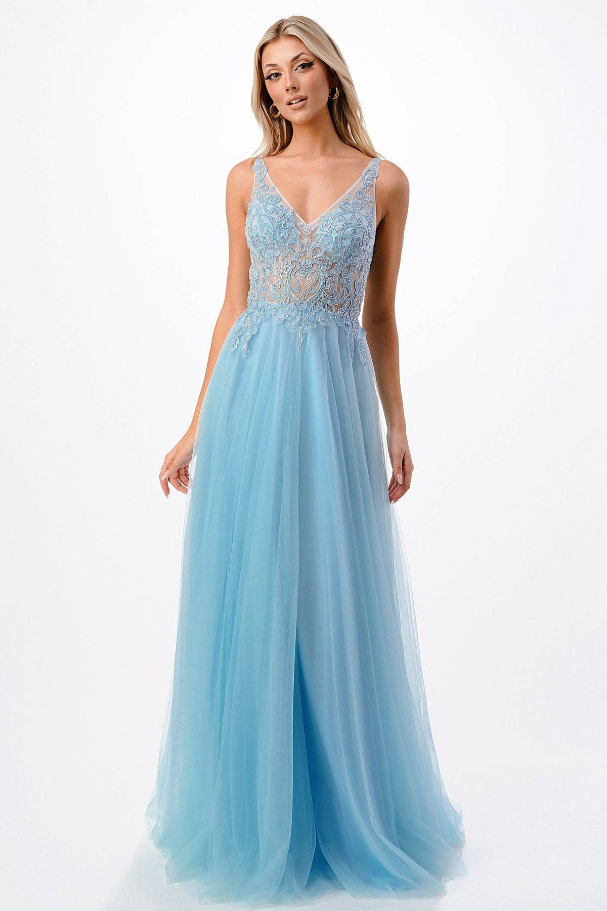 Aspeed P2108 Light Blue Sparkling V Neck Lace & Sheen Gown With Tulle Skirt | 2 Colors - NORMA REED
