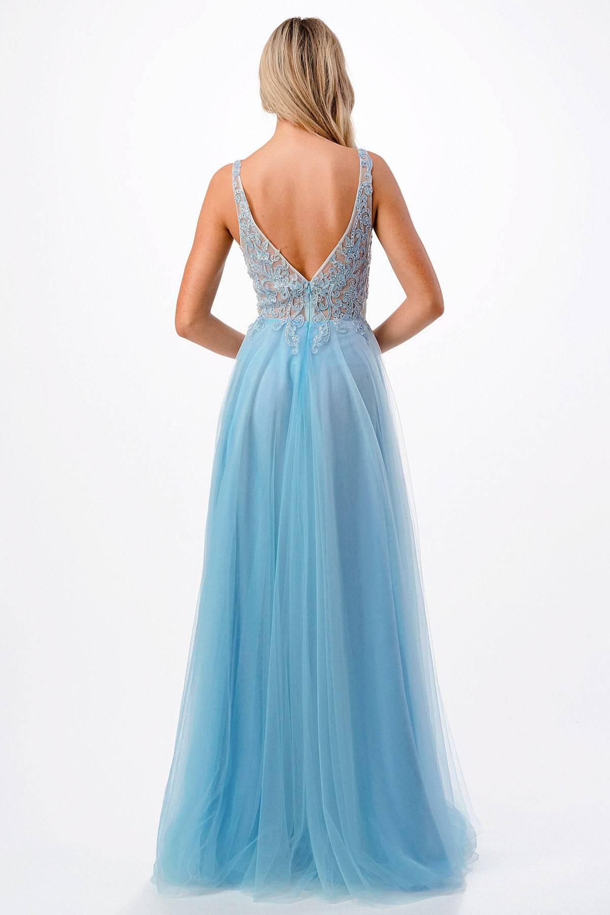 Aspeed P2108 Light Blue Sparkling V Neck Lace & Sheen Gown With Tulle Skirt | 2 Colors - NORMA REED