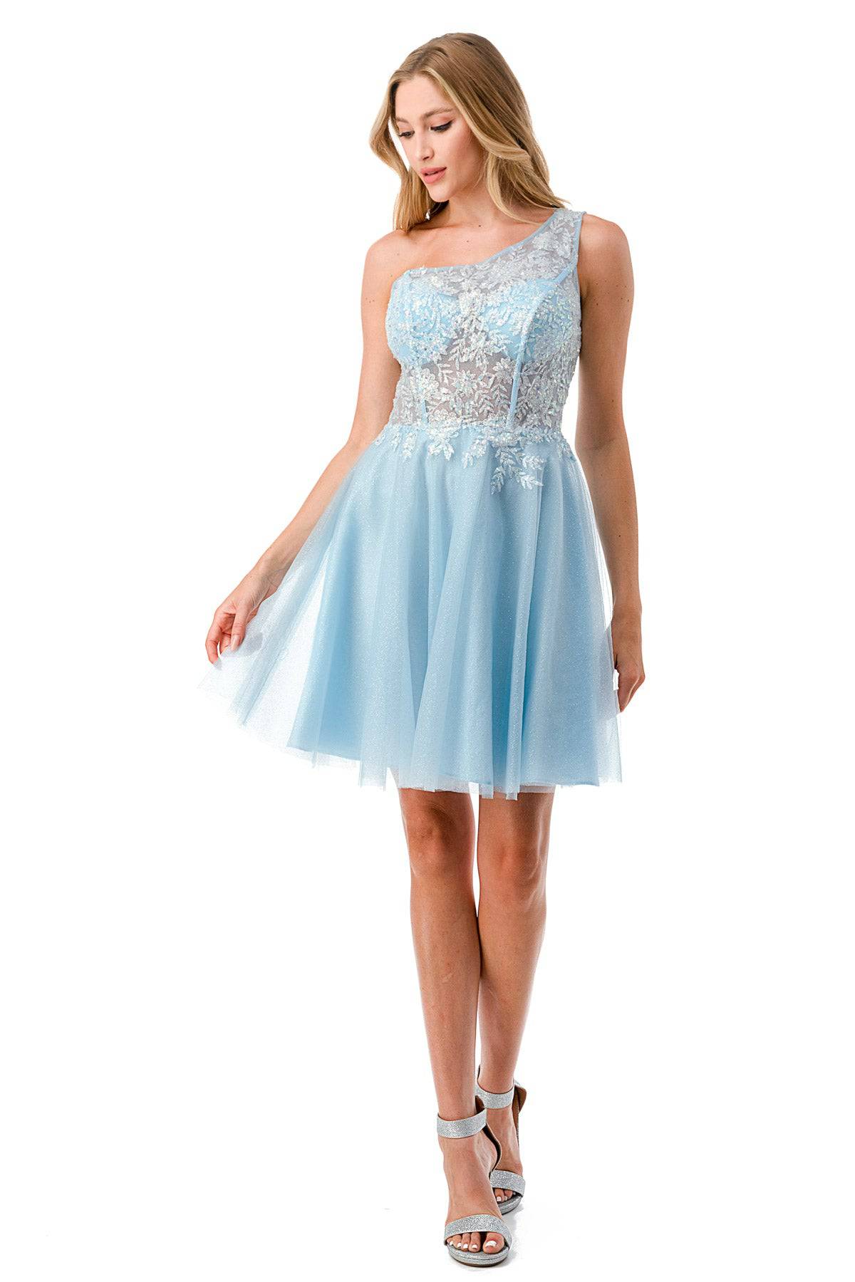 Aspeed S2723 Light Blue One Shoulder Lace & Sheer Short Dress - NORMA REED