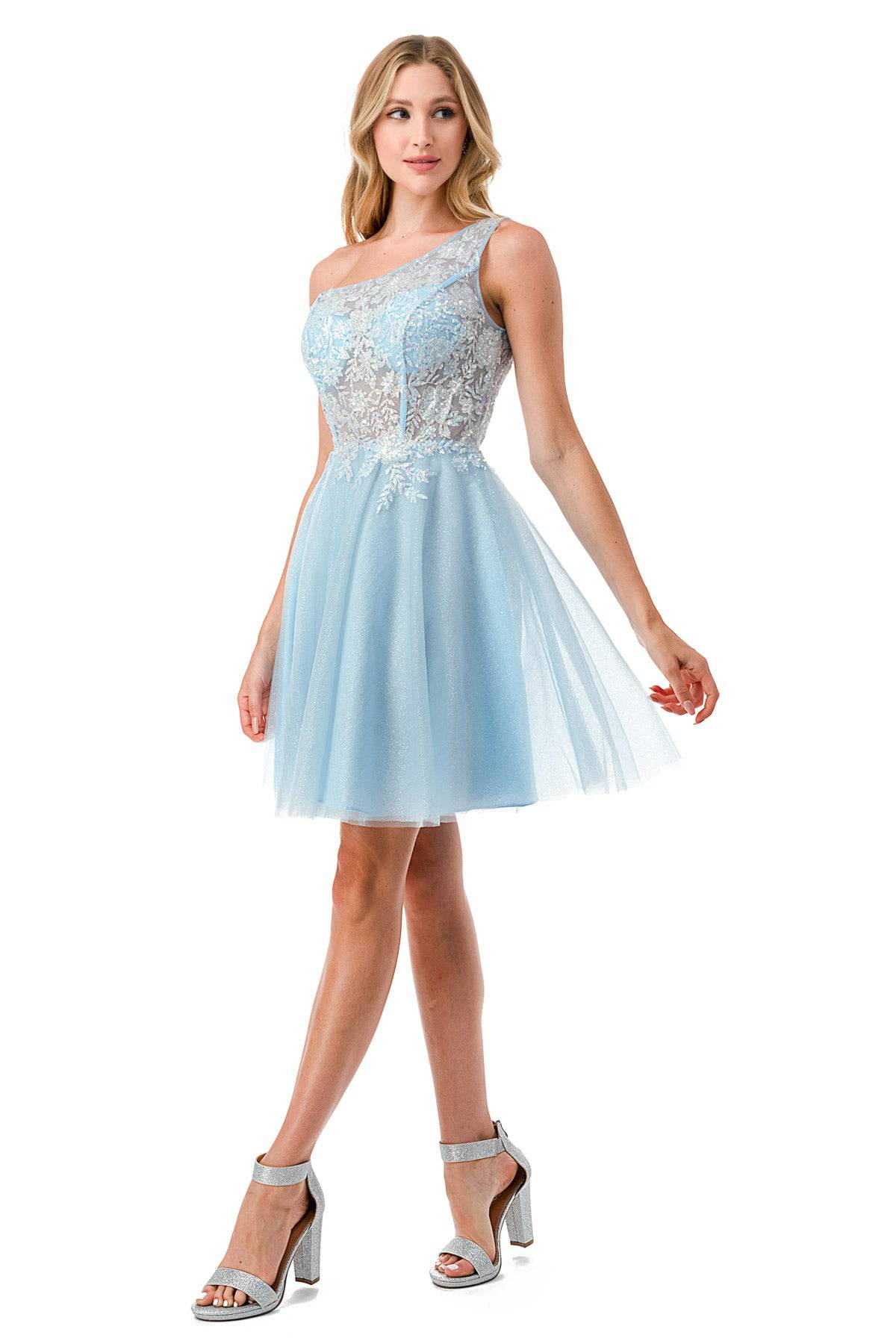 Aspeed S2723 Light Blue One Shoulder Lace & Sheer Short Dress - NORMA REED