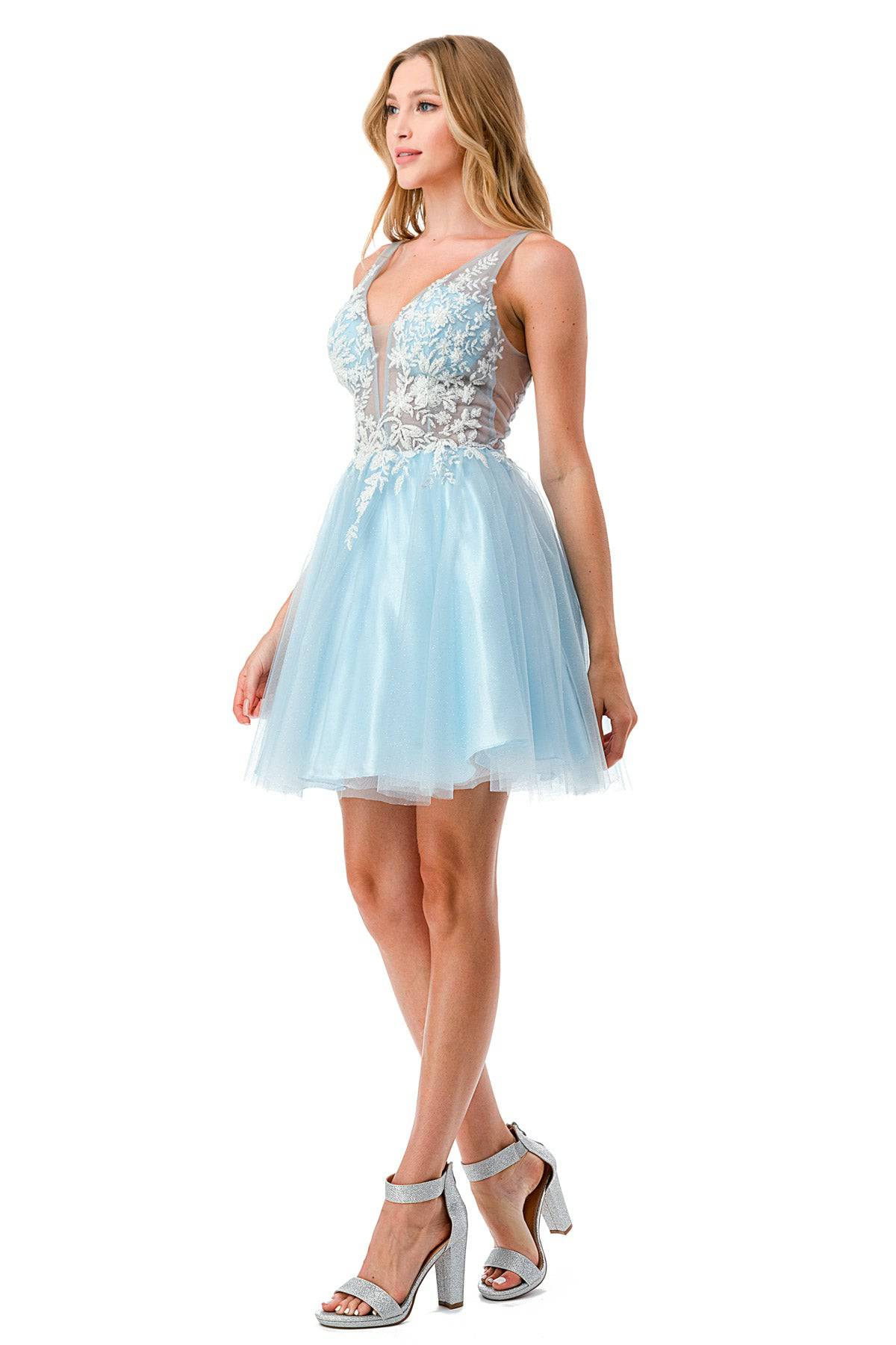 Aspeed S2724 Light Blue Lace & Sheer Short Dress with Tulle - NORMA REED