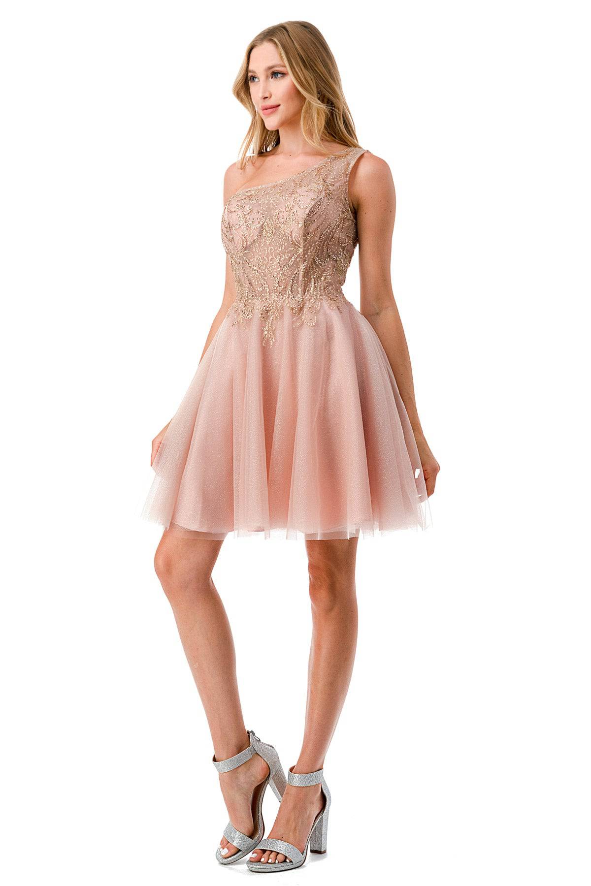 Aspeed S2746B Shimmering Rose Gold One Shoulder Short Dress - NORMA REED
