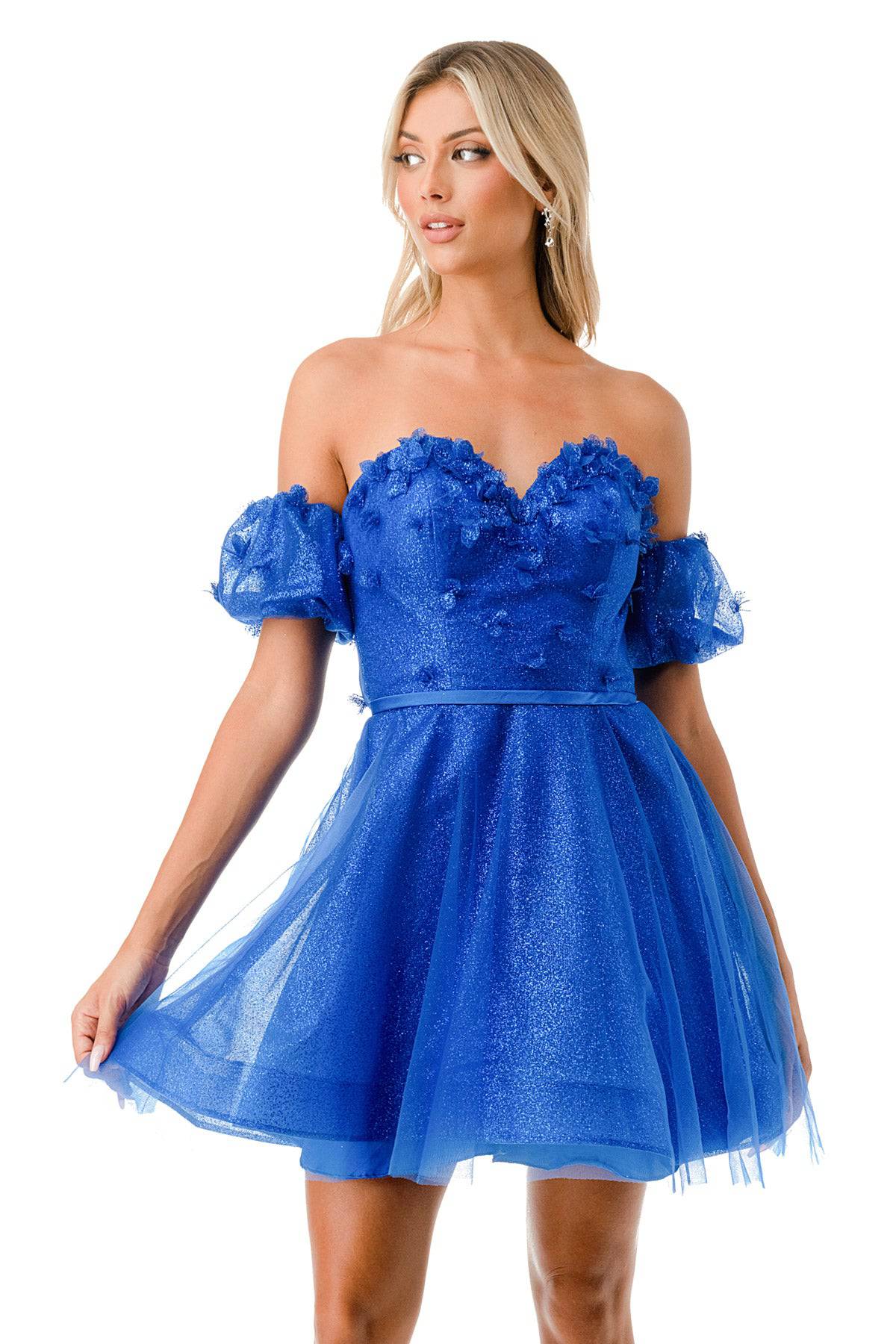 Blue Off The Shoulder Glitter Corset Mini Dress - Blue / S