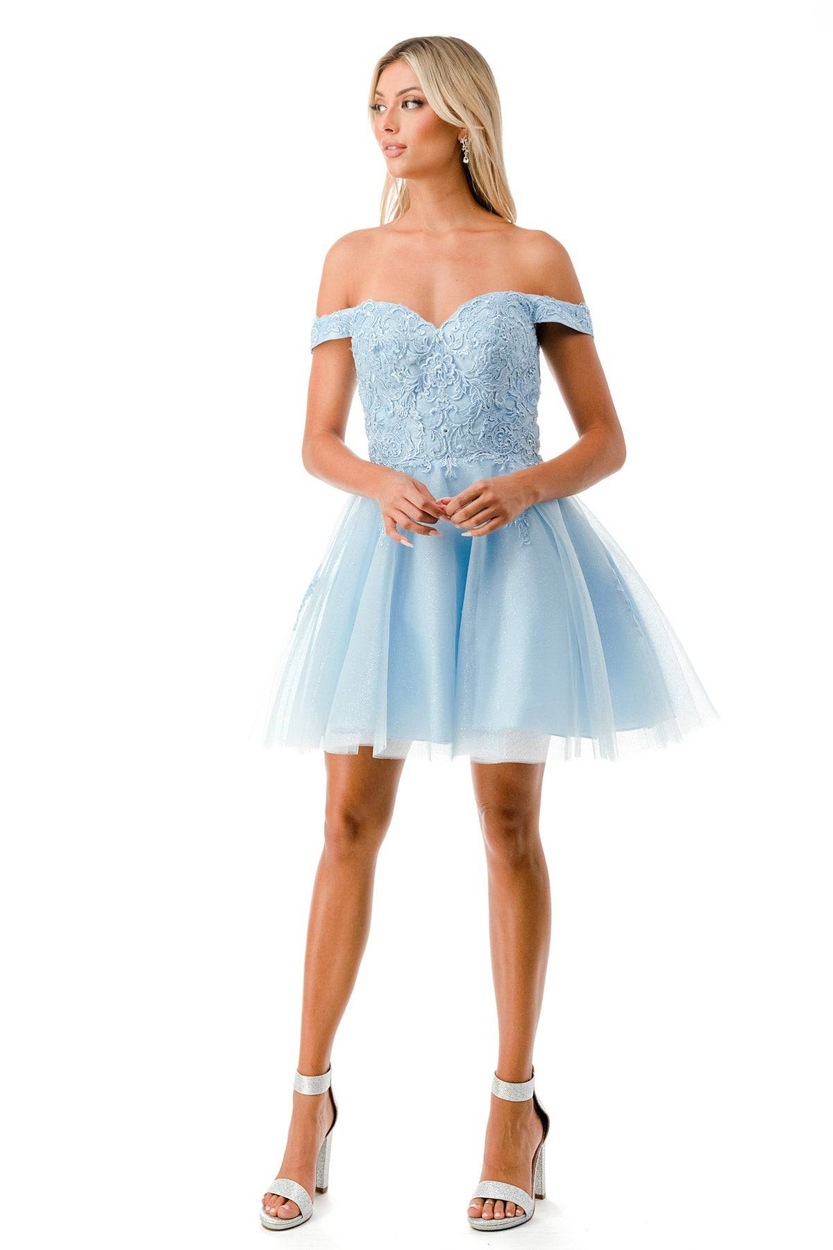 Aspeed S2752C Light Blue Off Shoulder Lace Floral Short Dress - NORMA REED