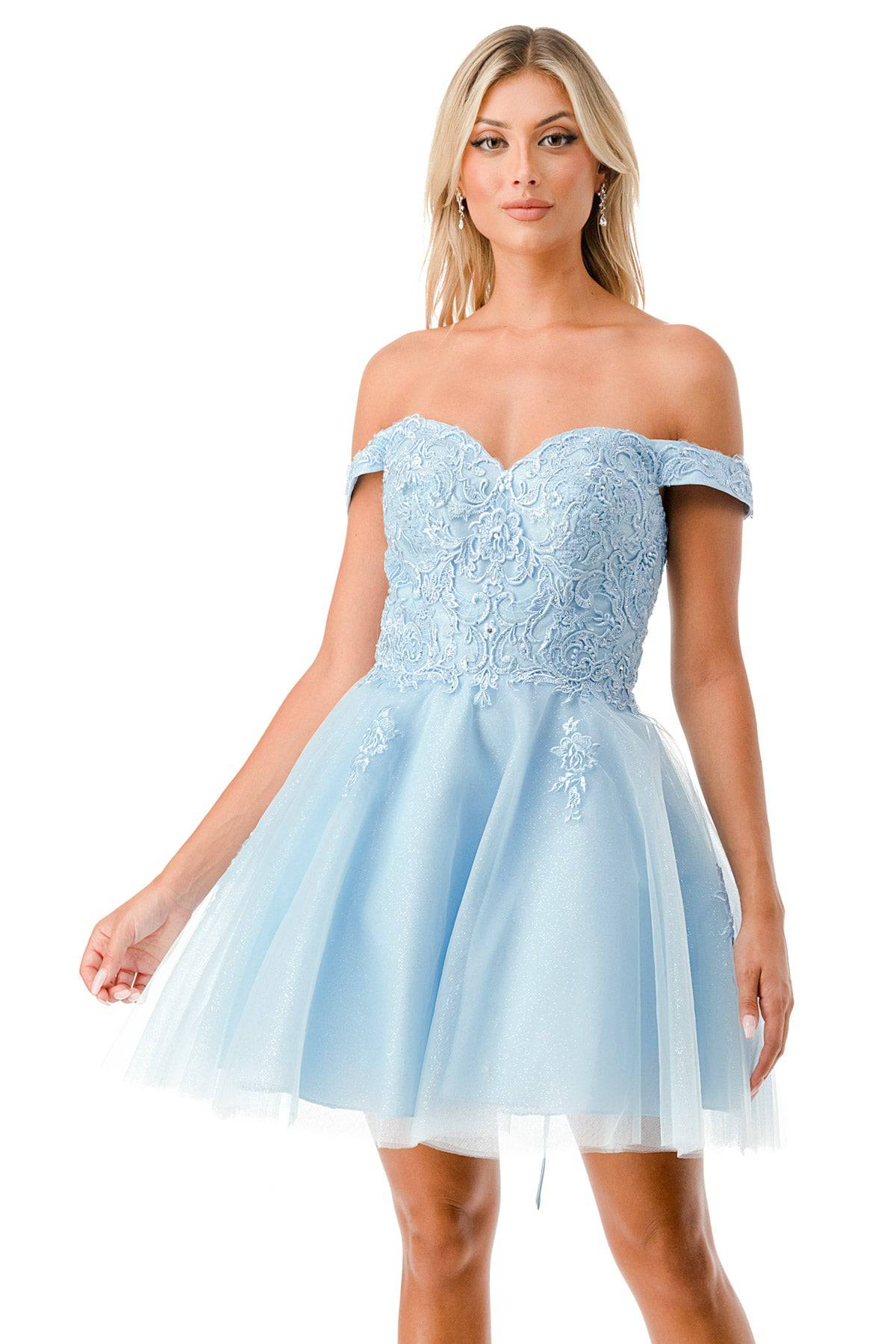 Aspeed S2752C Light Blue Off Shoulder Lace Floral Short Dress - NORMA REED