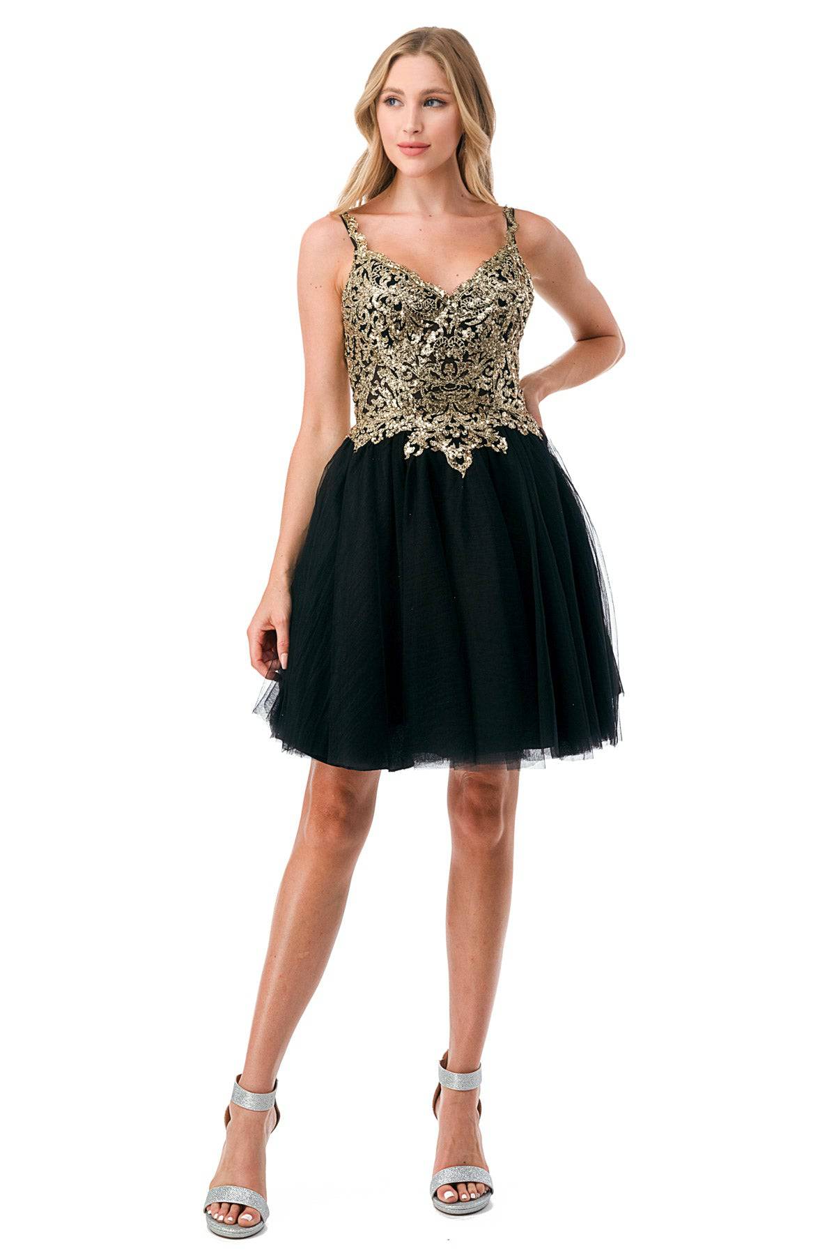 Aspeed S2757J Black & Gold Floral Short Dress - NORMA REED
