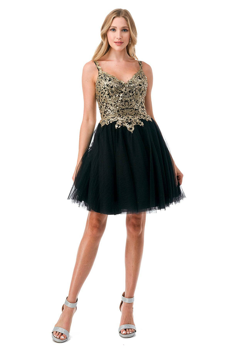 Aspeed S2757J Black & Gold Floral Short Dress - NORMA REED