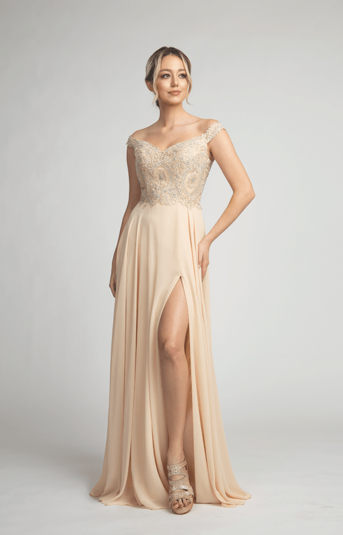 Gorgeous Embroidered Long Gown with Crystal Detailing and Leg Slit #FA053096 - NORMA REED